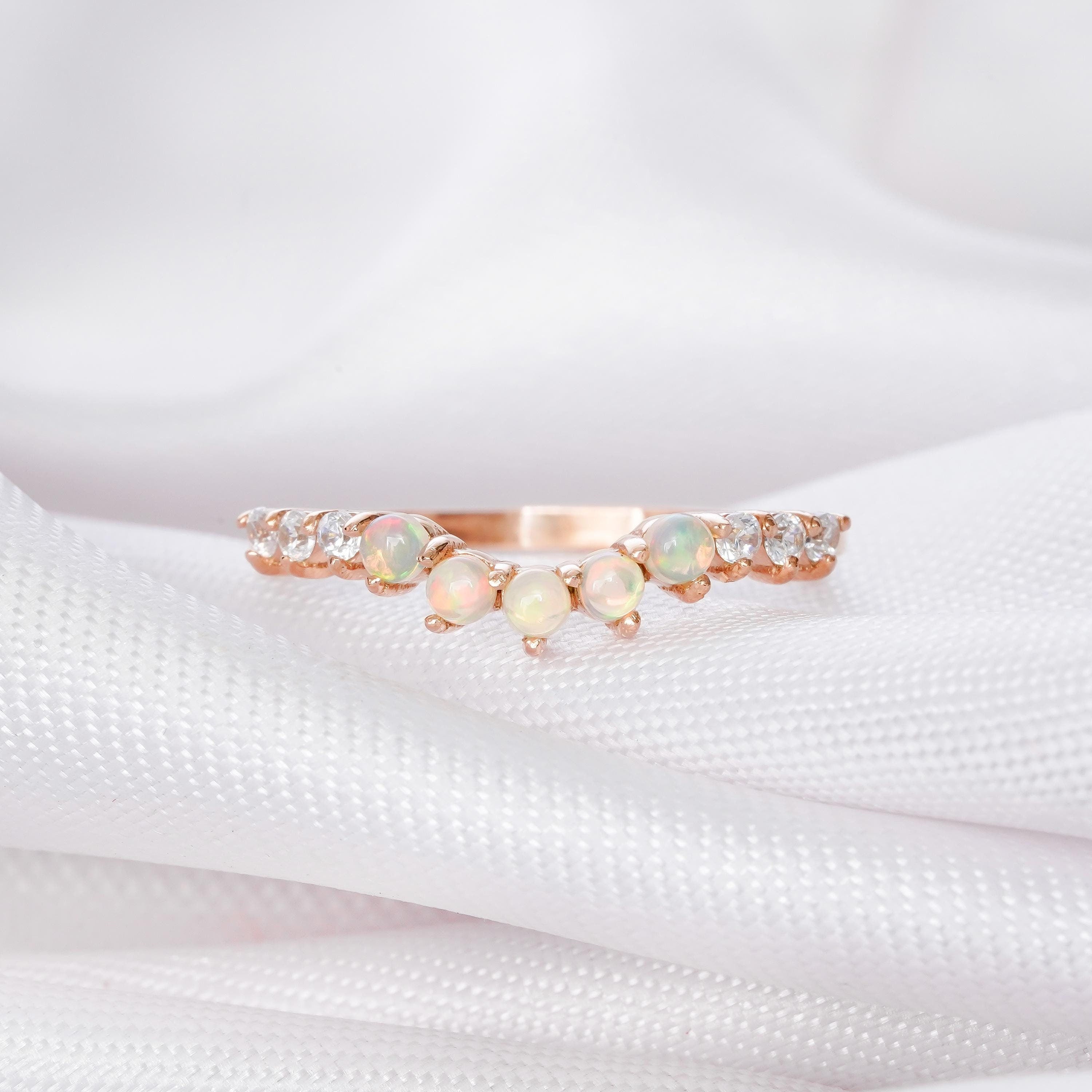 Opal Sterling Silver Wedding Band with Moissanites
