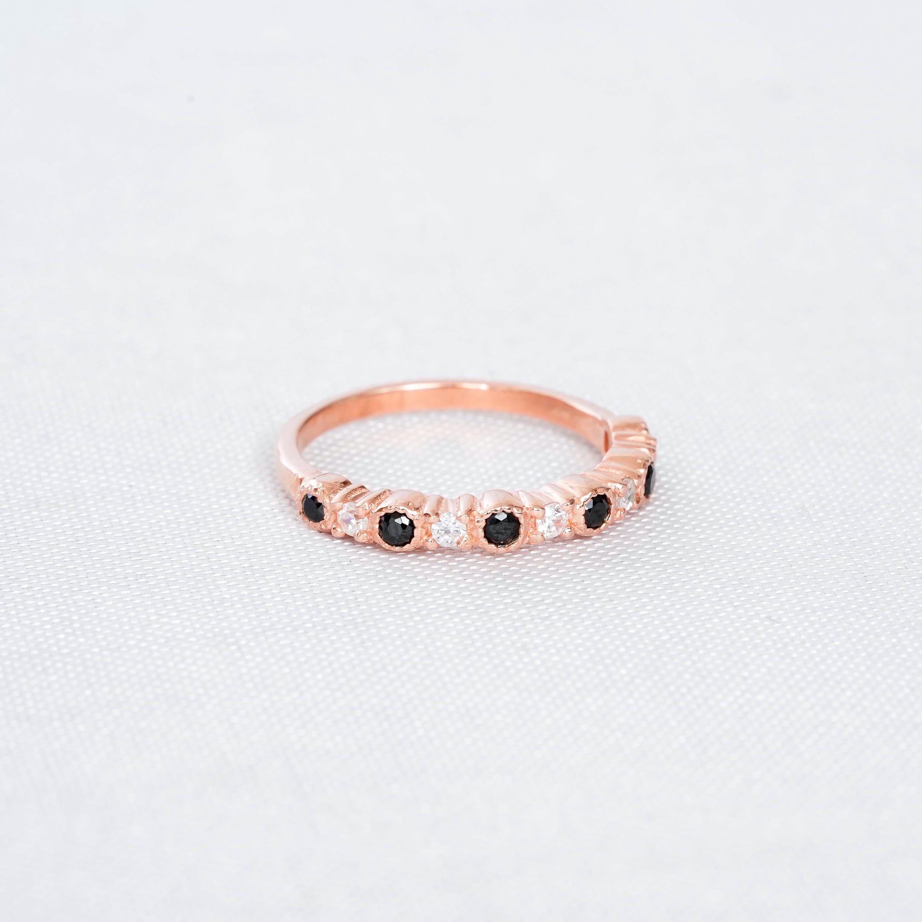 Black Onyx Sterling Silver Band with Moissanites - Dainty Milgrain Wedding Ring