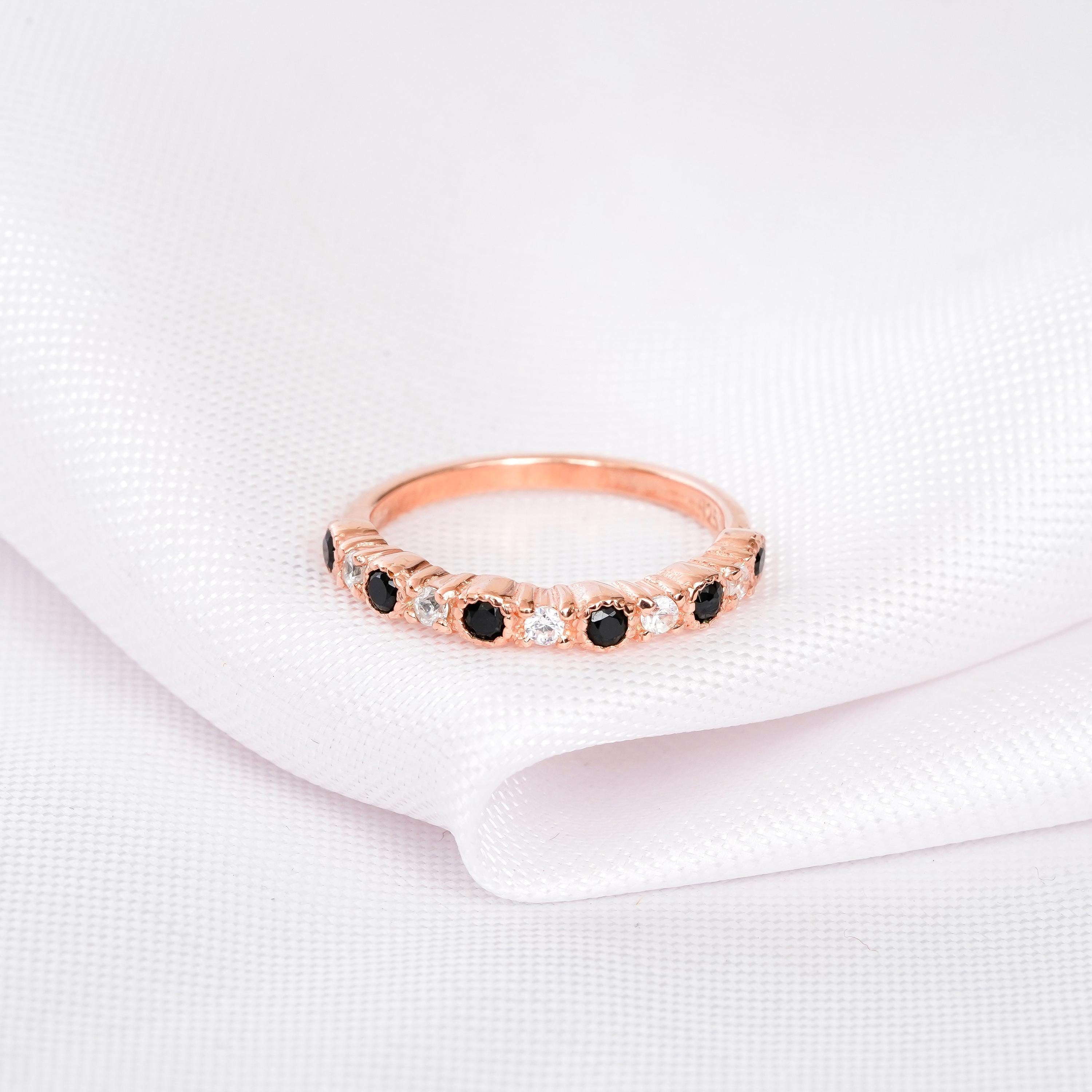 Black Onyx Sterling Silver Band with Moissanites - Dainty Milgrain Wedding Ring