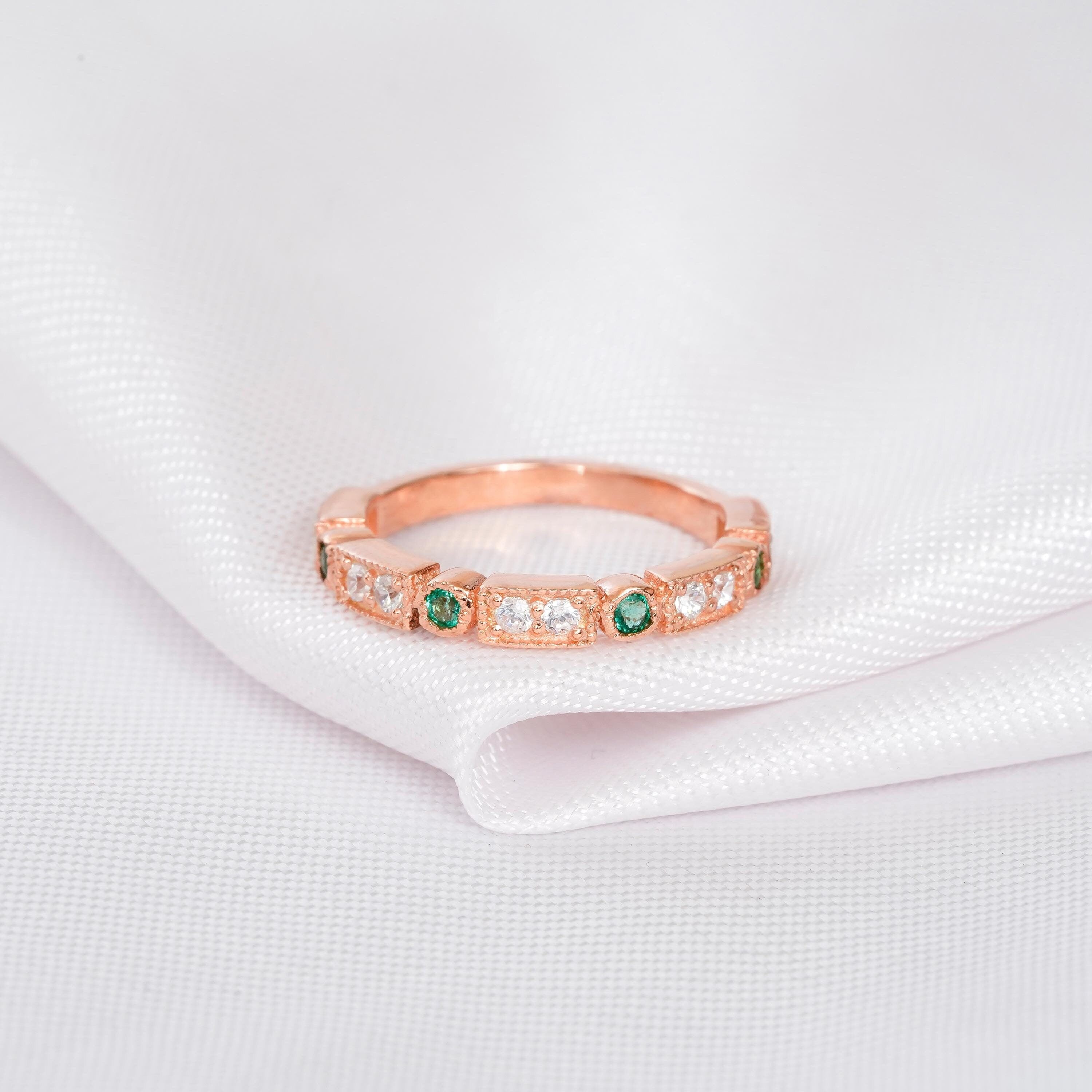 Emerald Moissanite Sterling Silver Band - Dainty Anniversary Ring