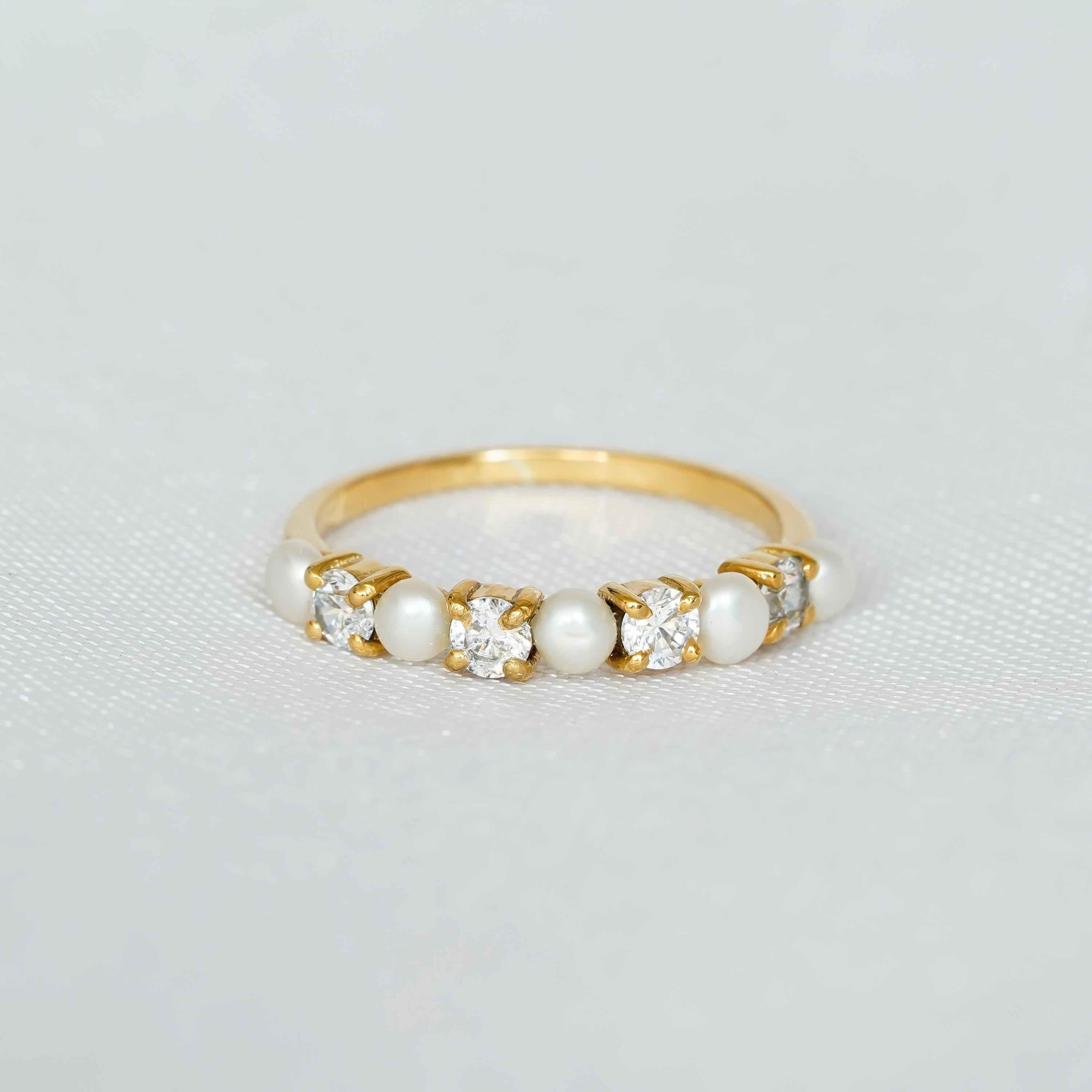 Pearl Wedding Band, Sterling Silver Moissanite Half Eternity Ring
