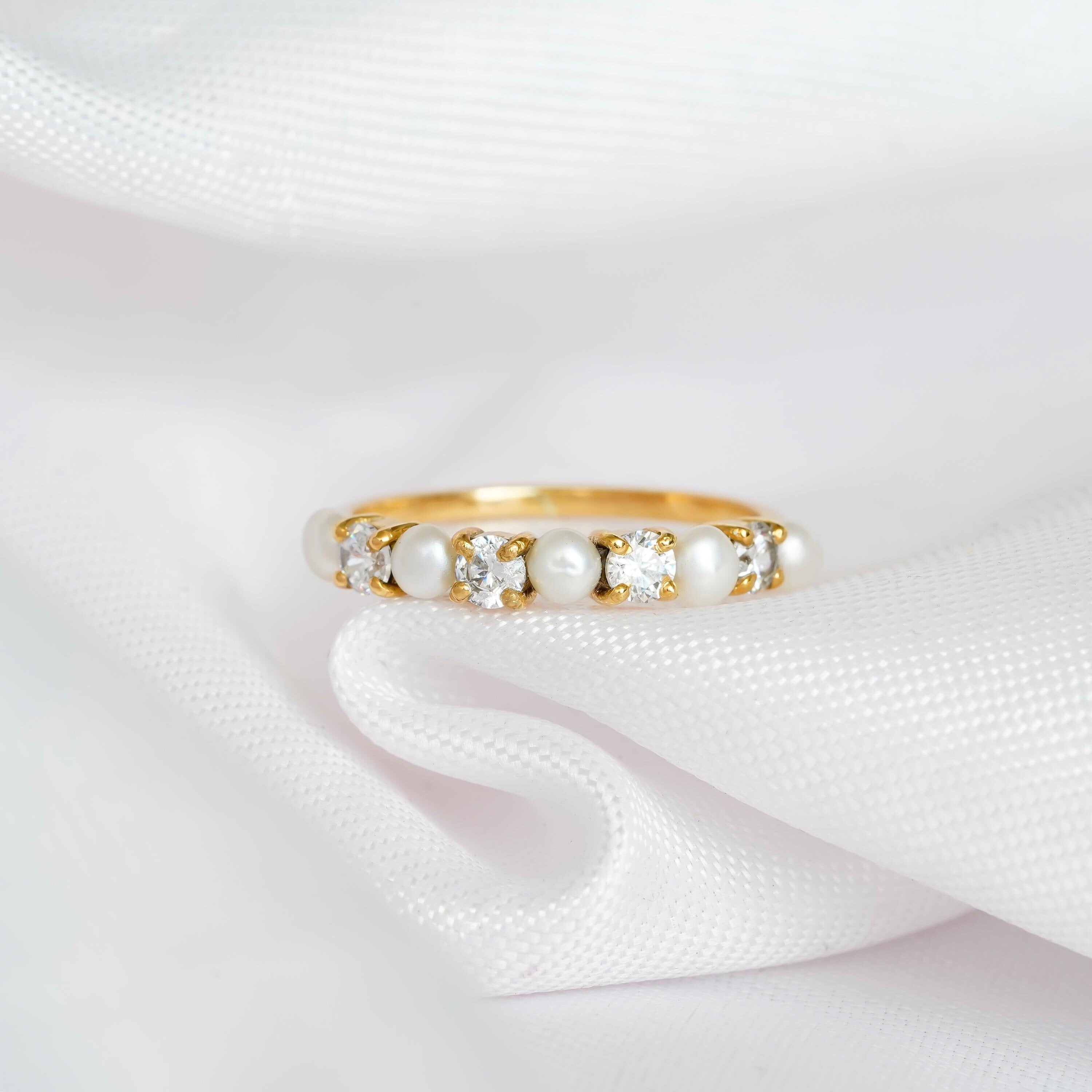 Pearl Wedding Band, Sterling Silver Moissanite Half Eternity Ring
