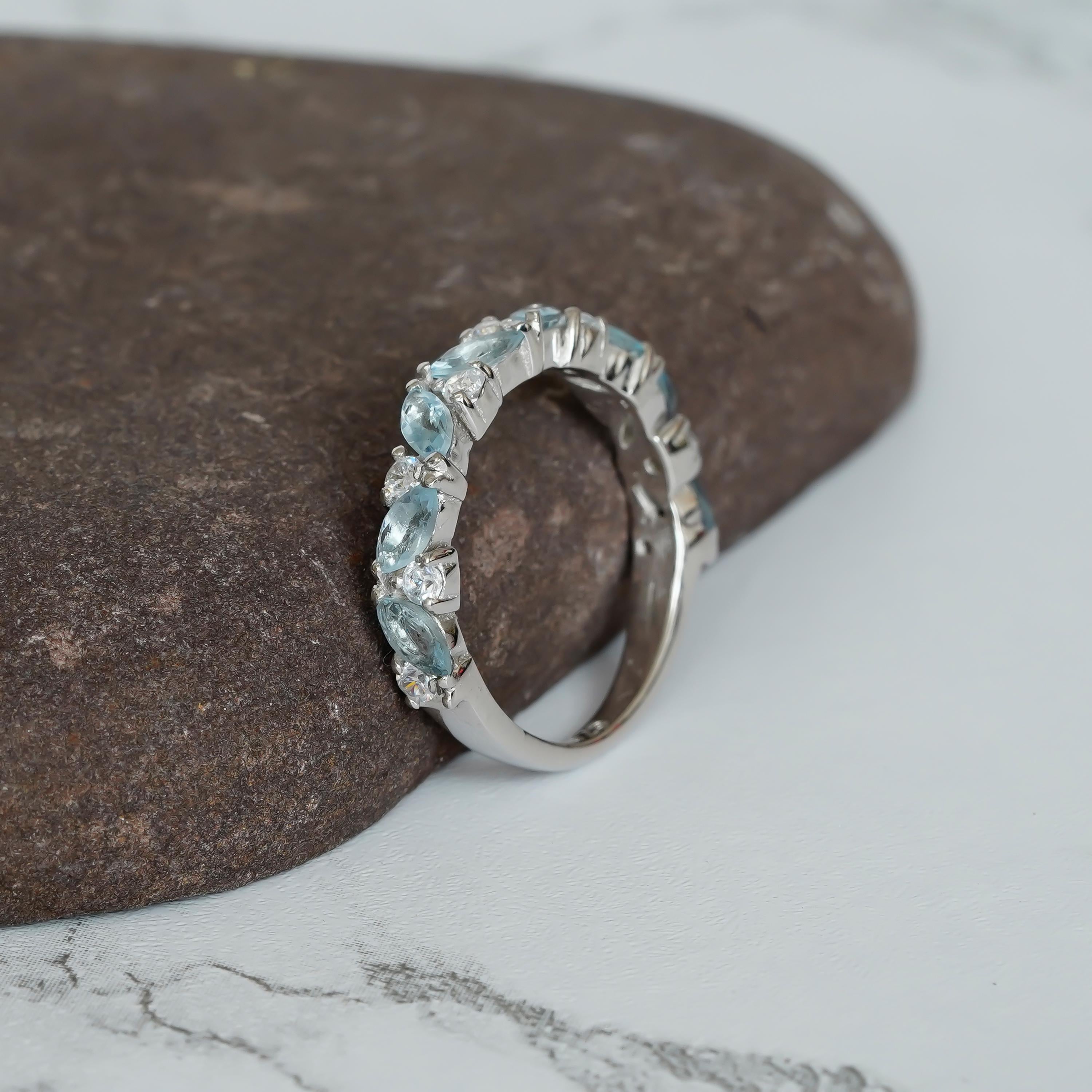 Aquamarine Wedding Band, Sterling Silver Moissanite Half Eternity Ring