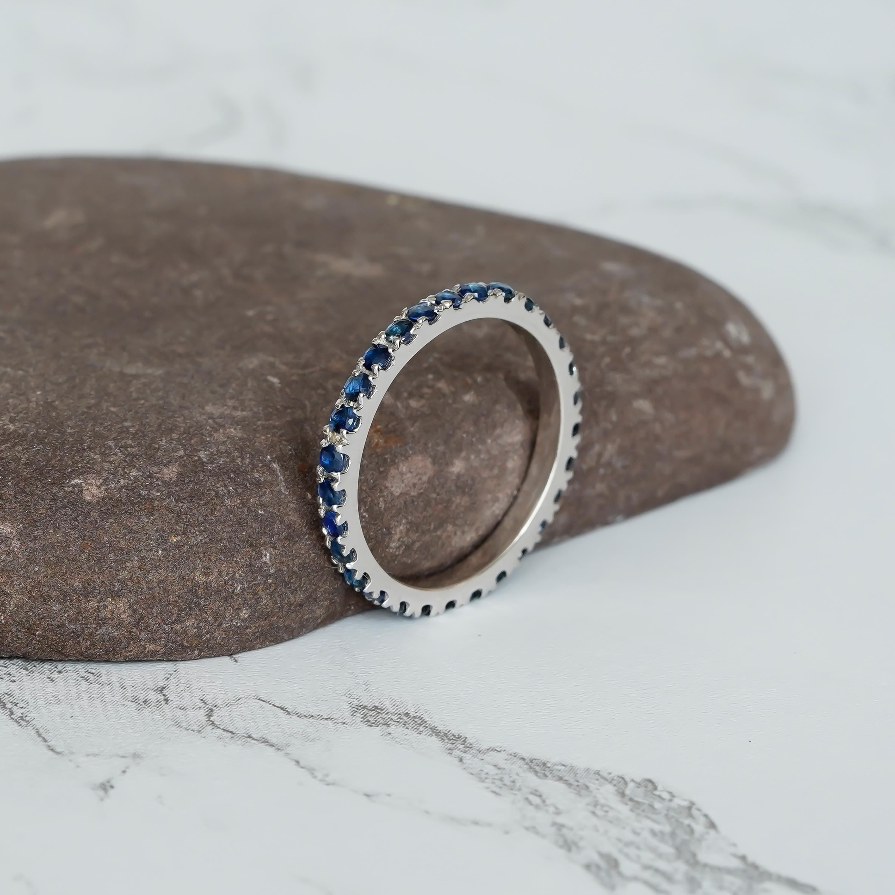 Sterling Silver Blue Sapphire Eternity Band, Stackable Anniversary Ring