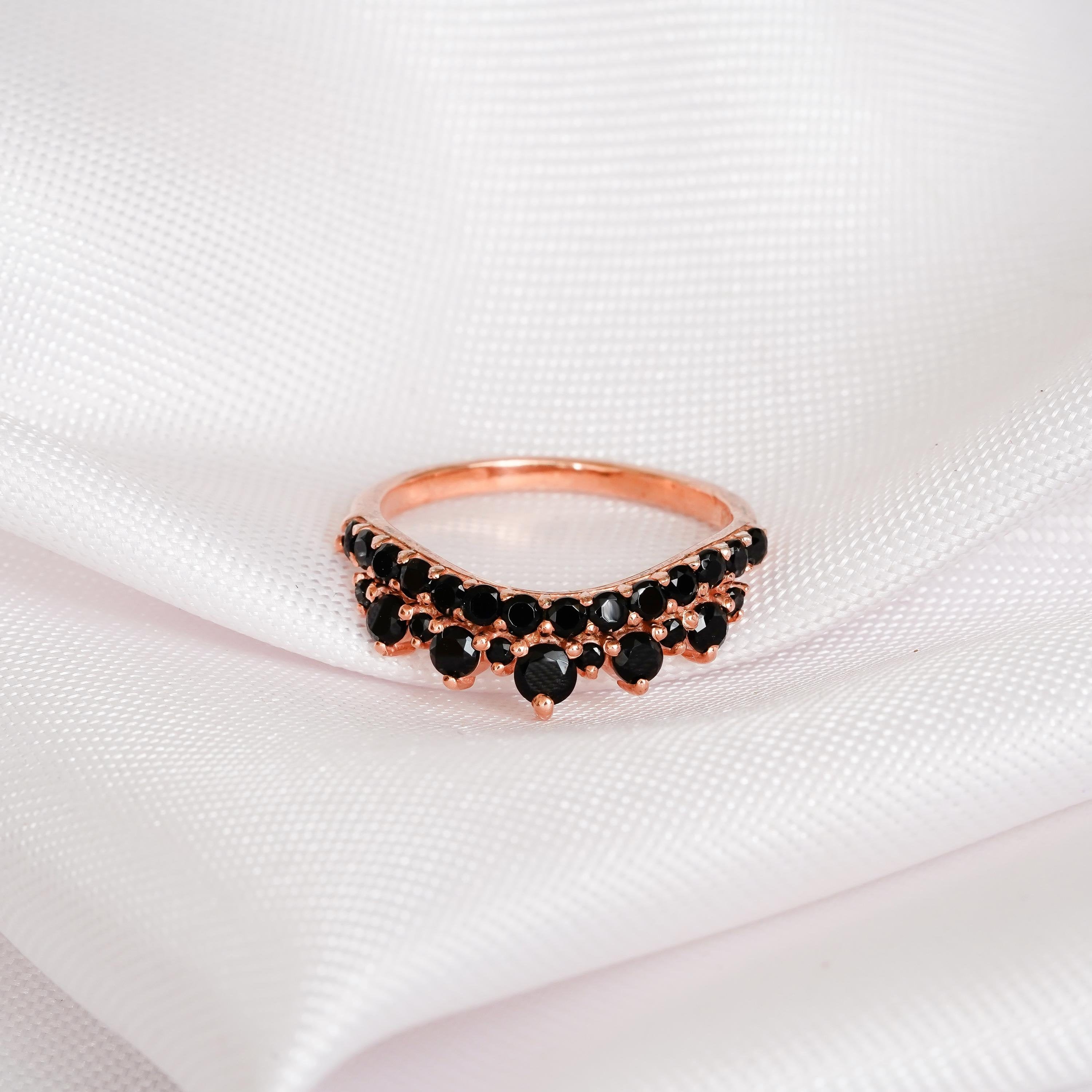 Black Onyx Crown Ring, 925 Sterling Silver Anniversary Band