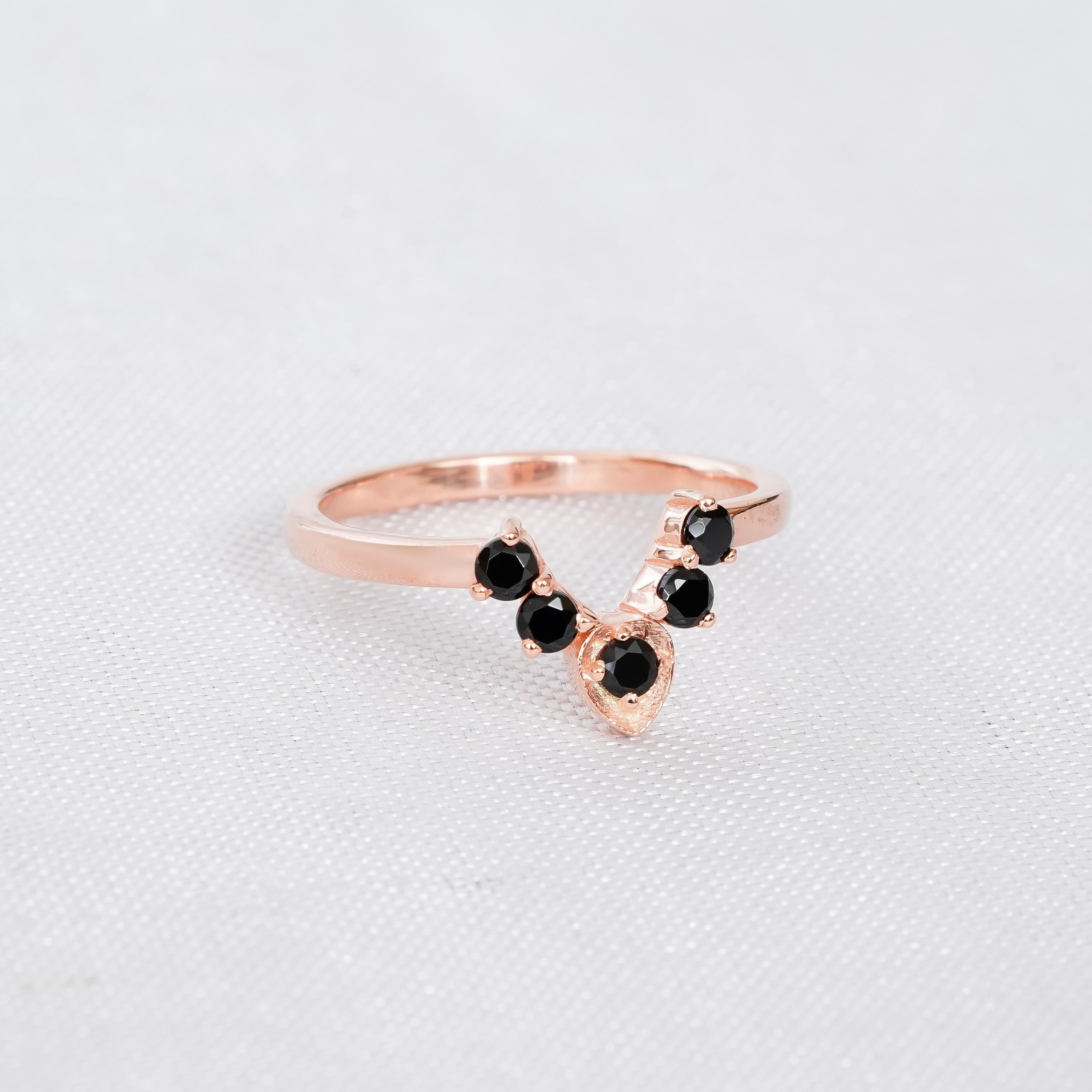 Black Onyx Chevron Ring, Sterling Silver V Wedding Band