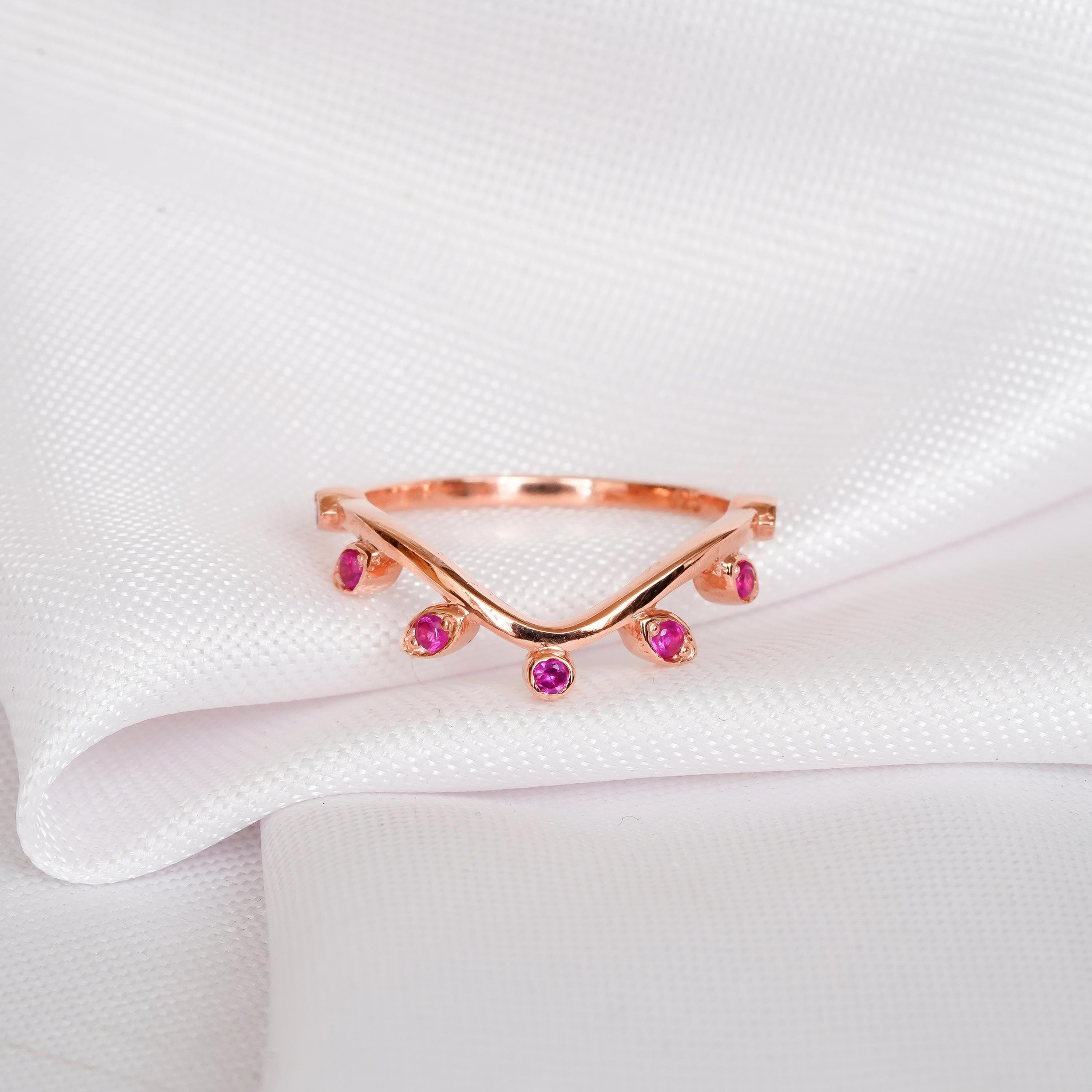 Ruby Leaf Sterling Silver Wedding Band, Dainty Anniversary Ring