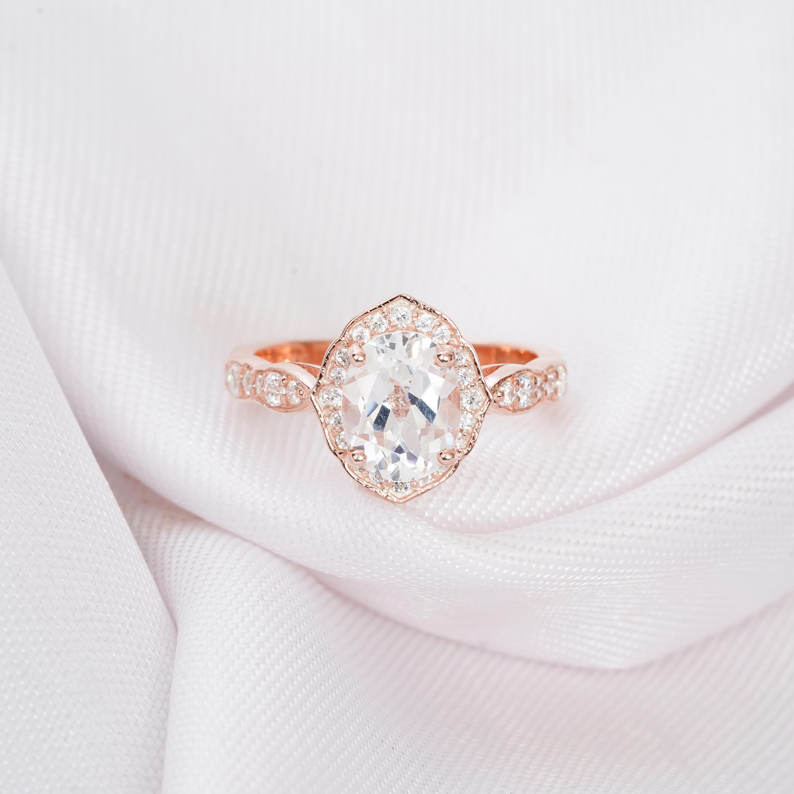 Oval Moissanite Engagement Ring Set, Sterling Silver Art Deco Bridal Ring