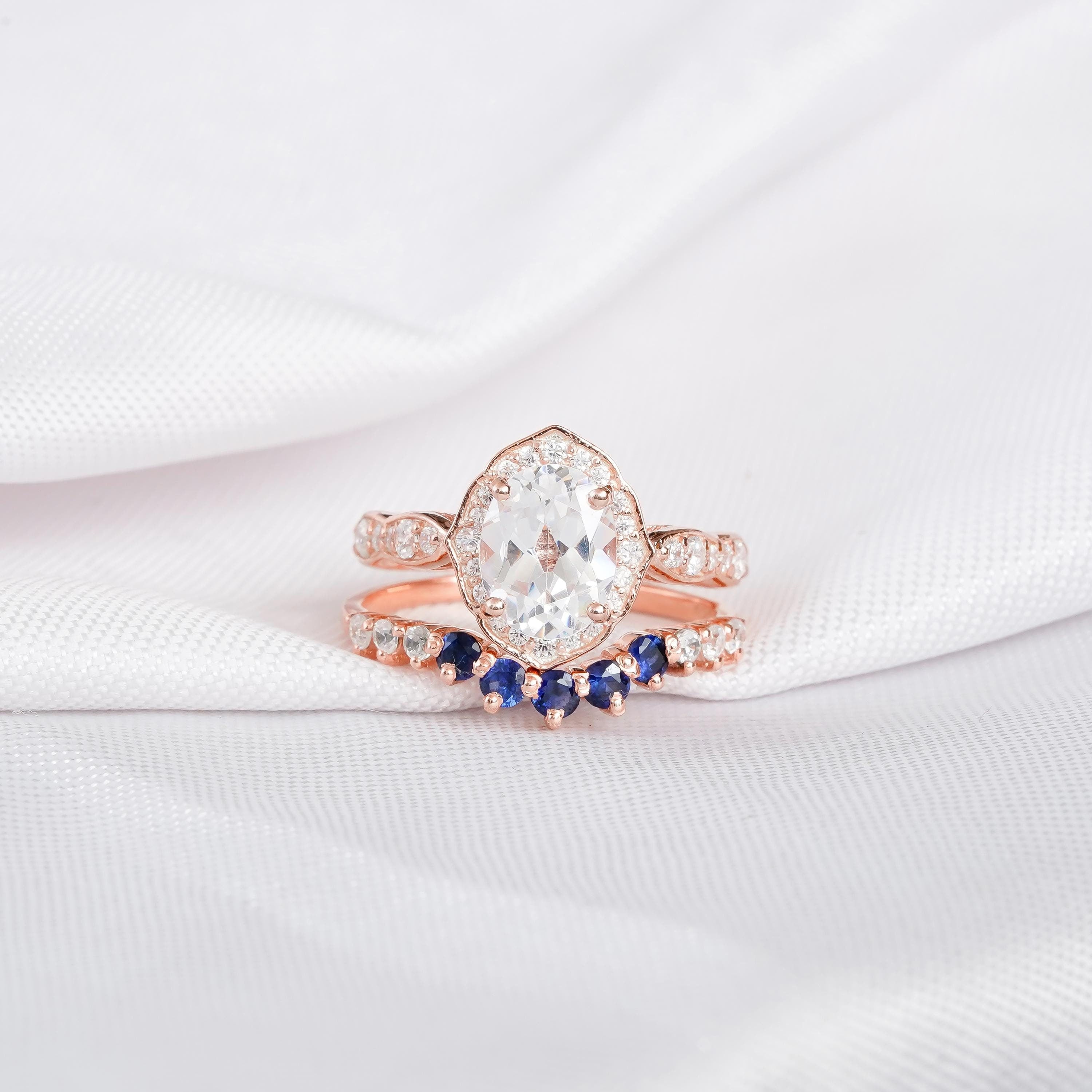 Art Deco Oval Moissanite Engagement Ring Set, Blue Sapphire Wedding Band, Sterling Silver