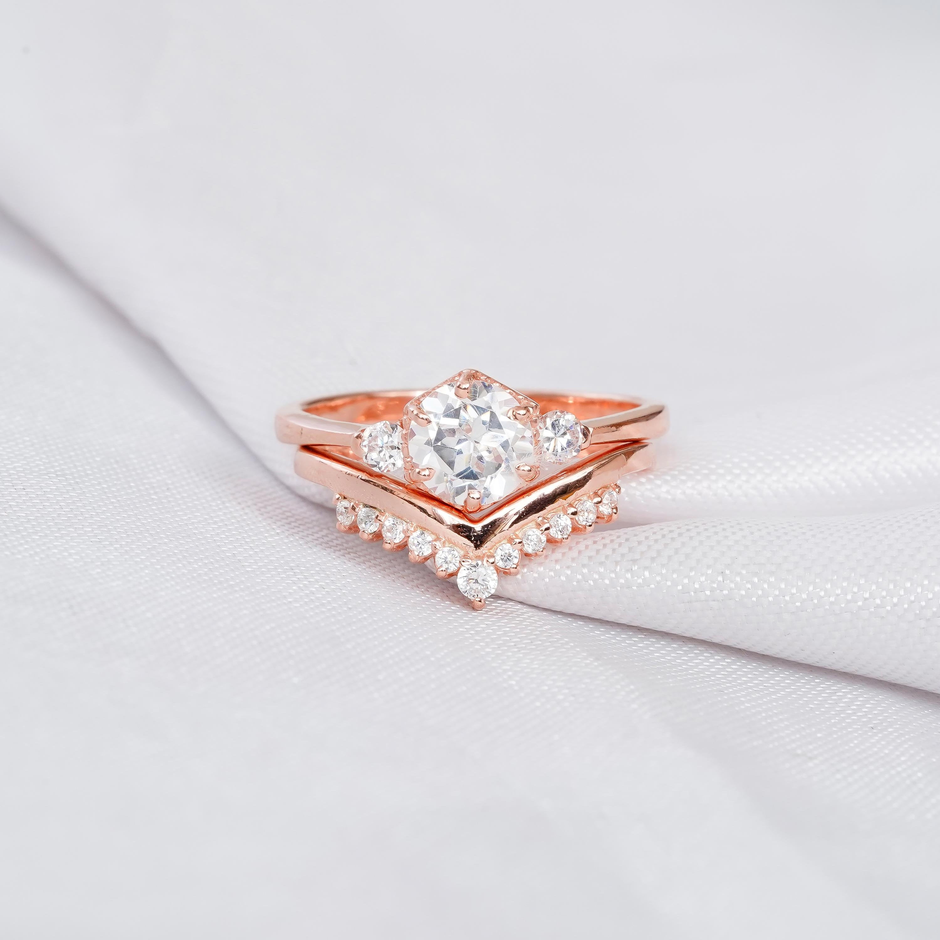 Moissanite Engagement Ring Set, Sterling Silver Bridal, Art Deco Chevron Band