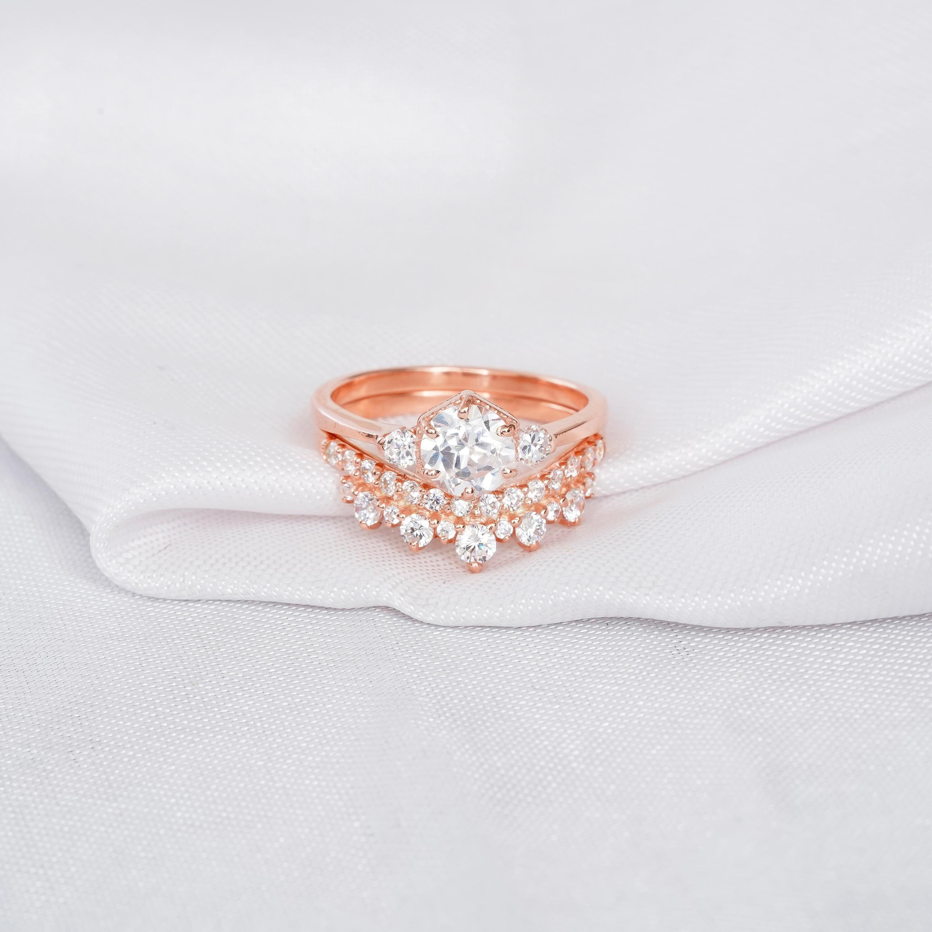 Moissanite Engagement Ring Set, Sterling Silver Bridal, Three Stone Wedding Band