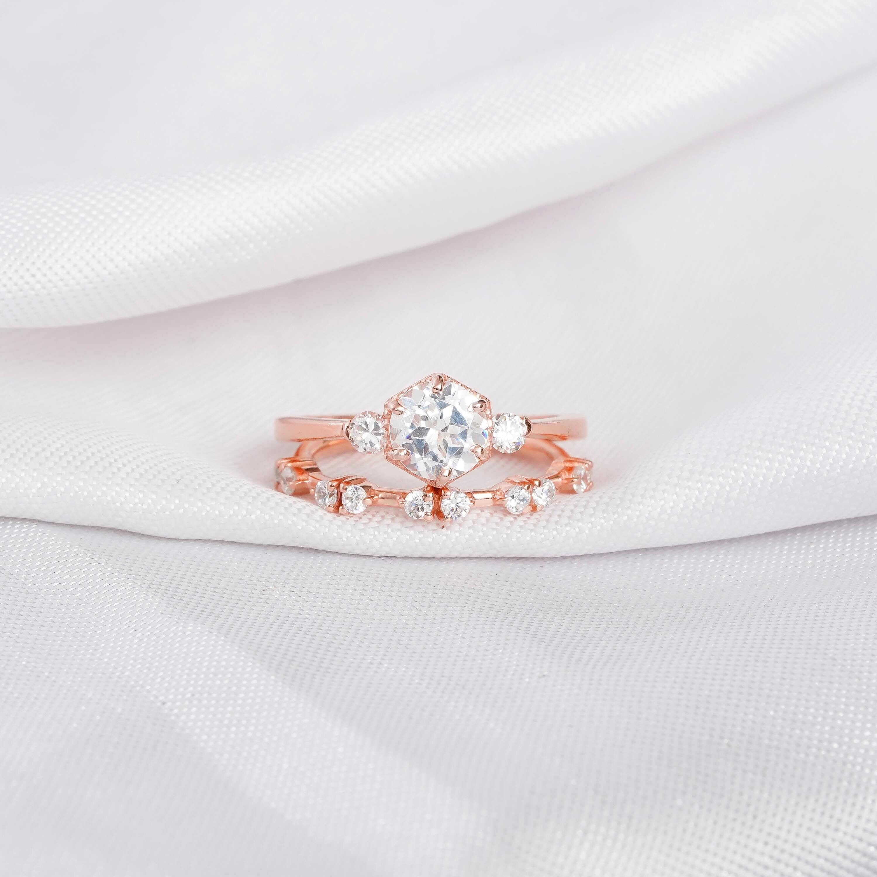 Art Deco Moissanite Engagement Ring Set, Sterling Silver Bridal