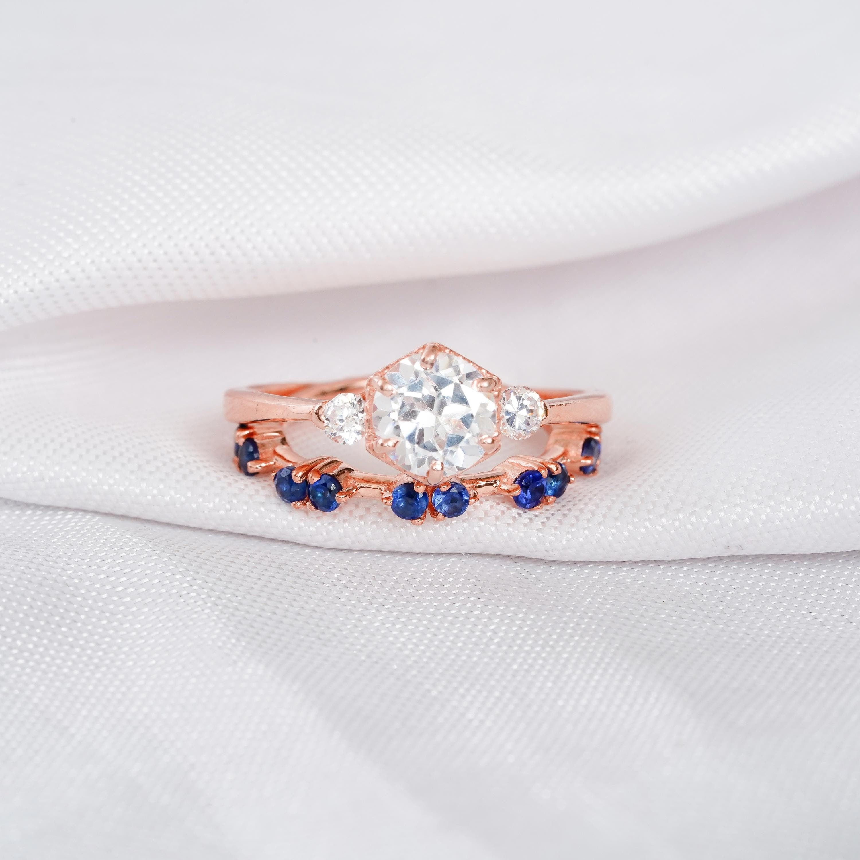 Moissanite Engagement Ring Set, Sterling Silver Art Deco Bridal with Blue Sapphire Band