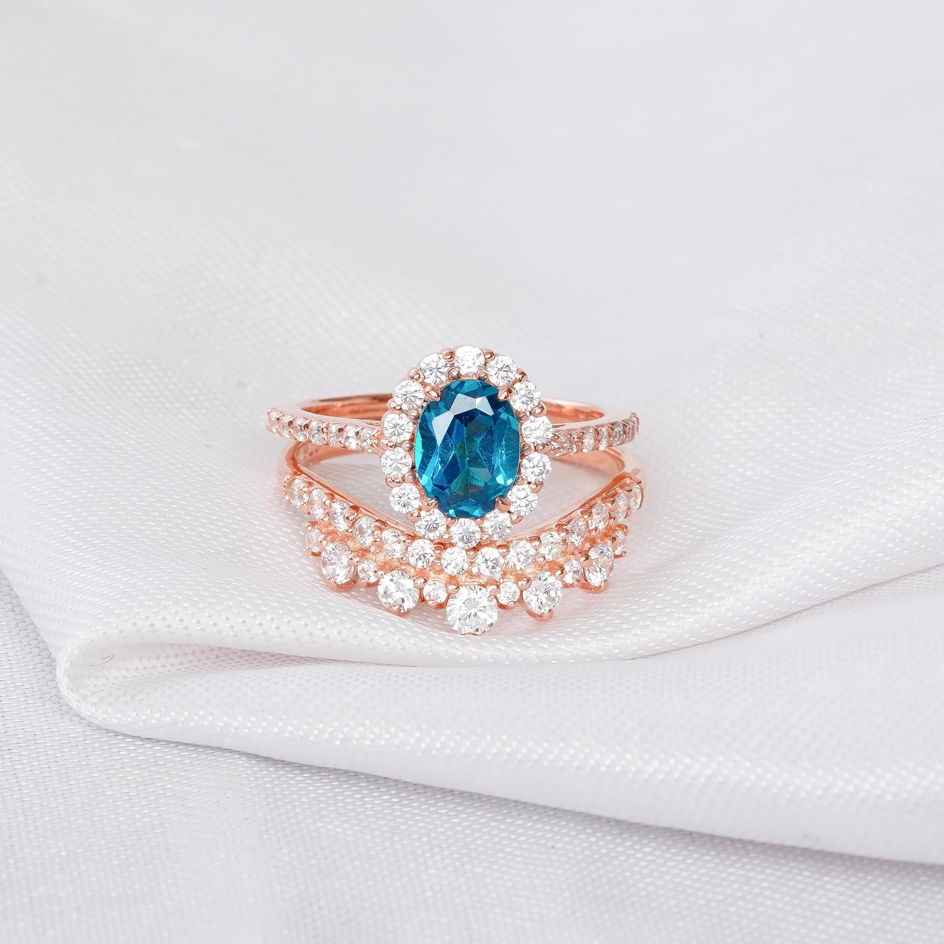 Blue Topaz Engagement Ring Set, Sterling Silver Halo, Moissanite Wedding Band