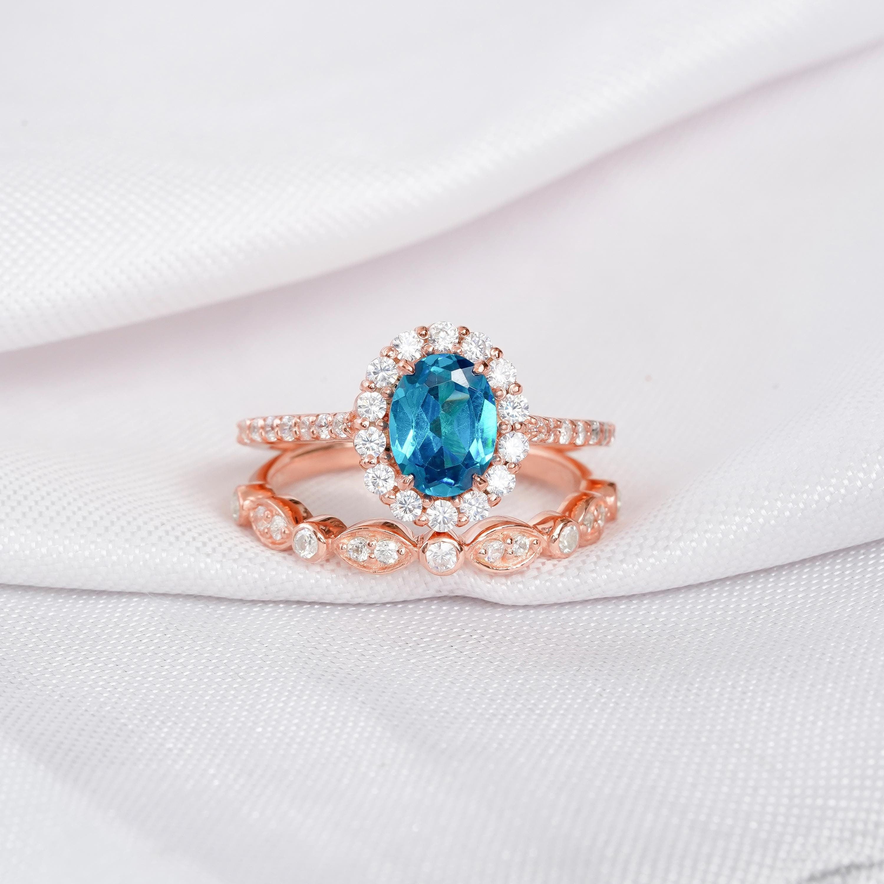 London Blue Topaz Engagement Ring Set, Moissanite Art Deco, Sterling Silver