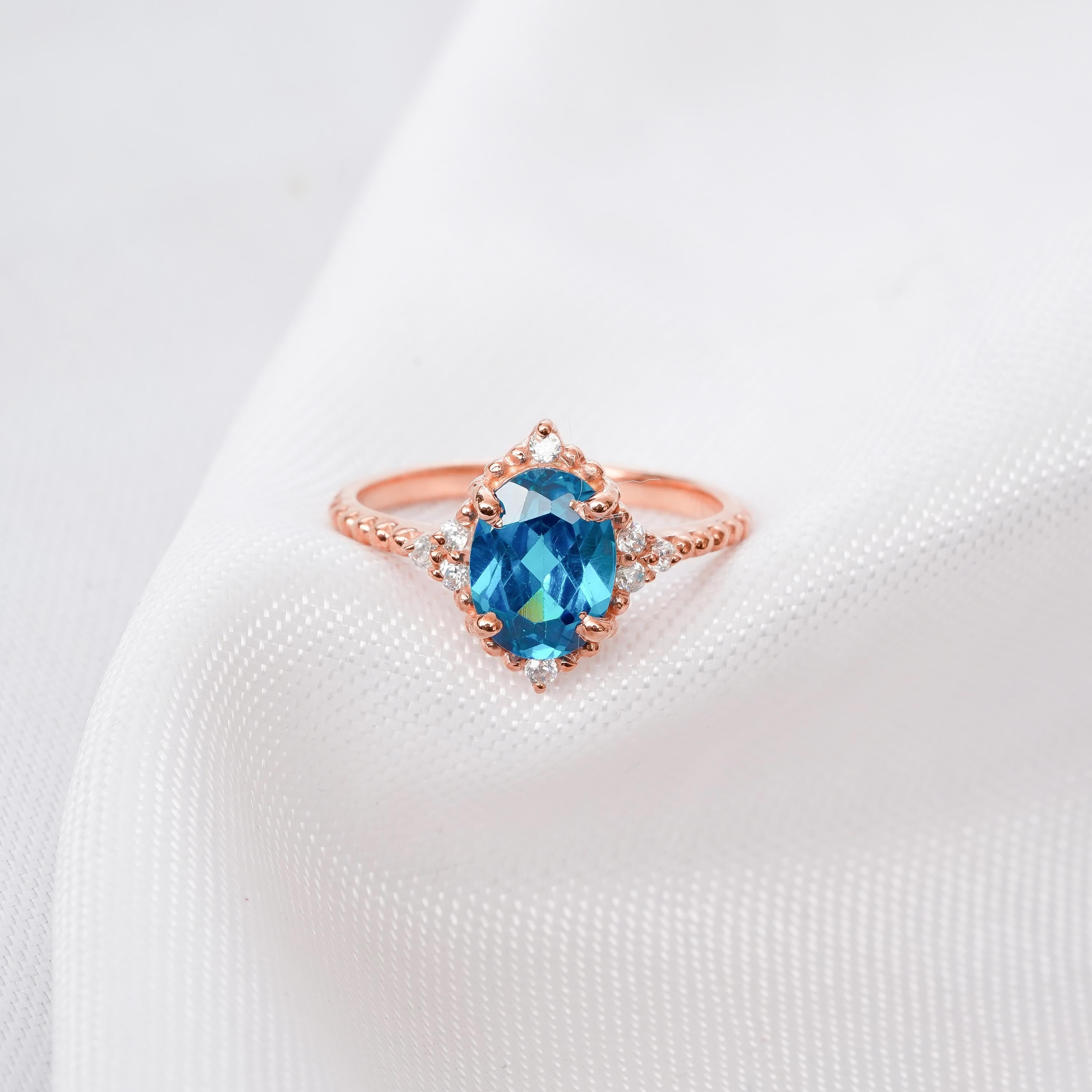 London Blue Topaz Ring Set, Moissanite Art Deco Wedding Band, Sterling Silver