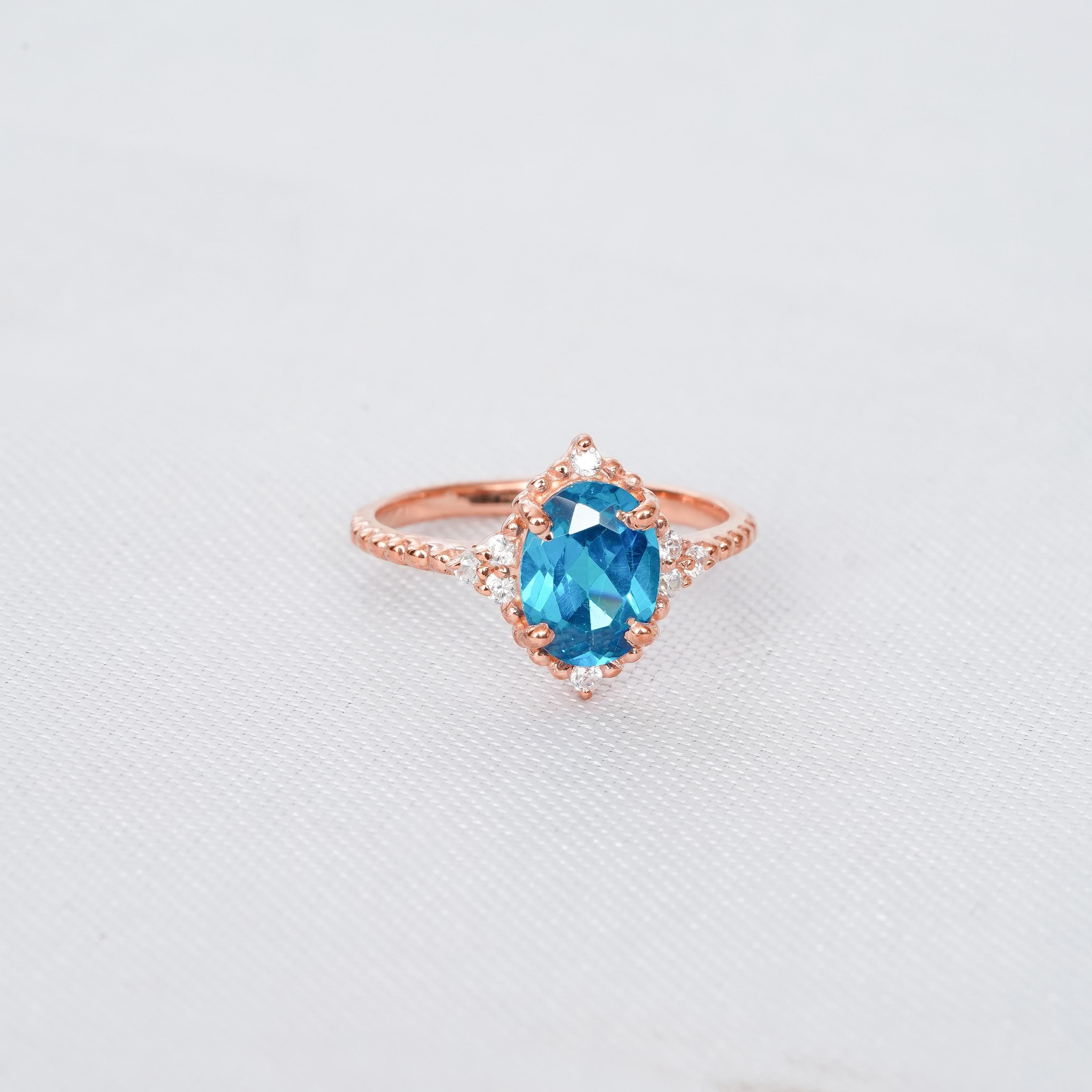 London Blue Topaz Ring Set: Moissanite Sterling Silver Wedding Band