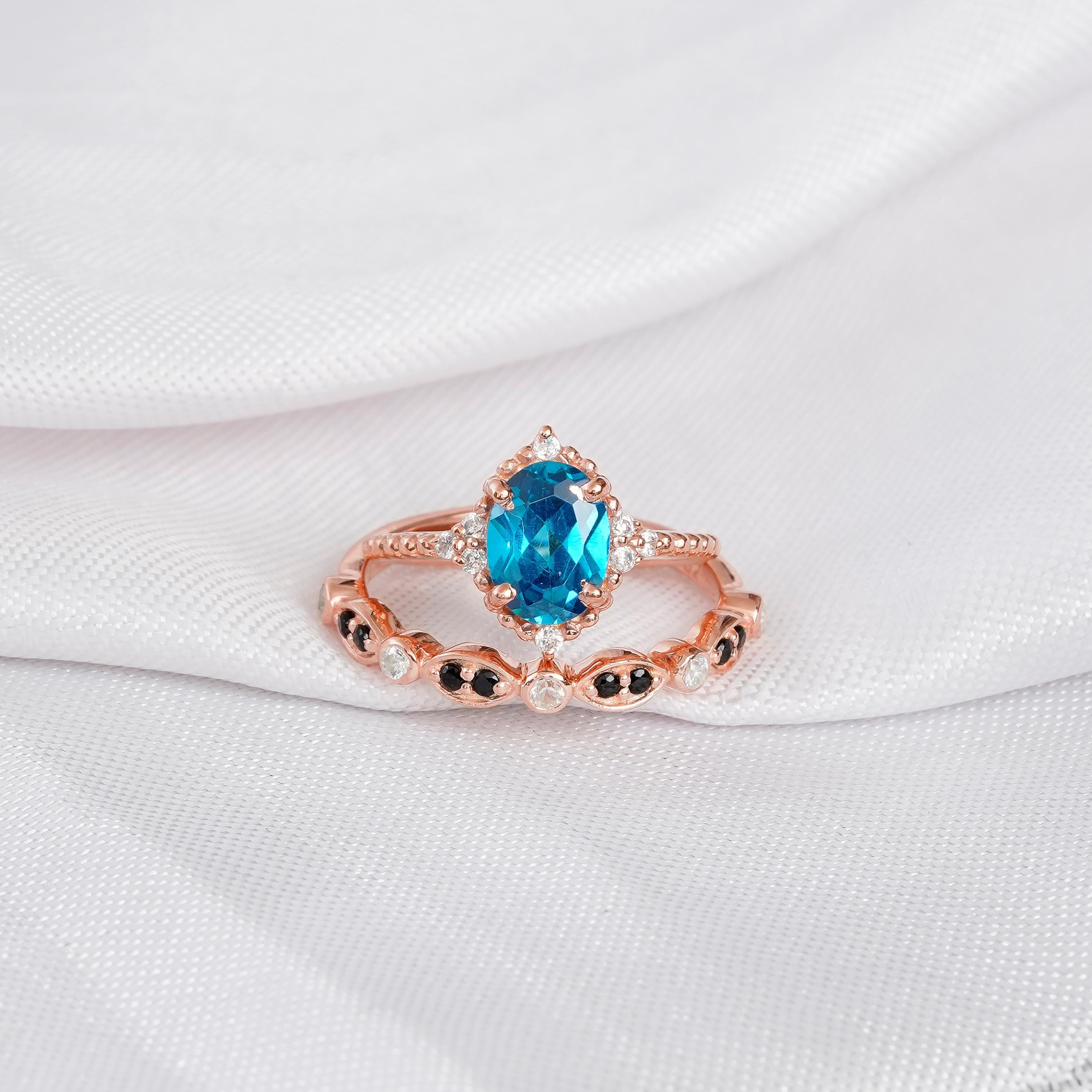 London Blue Topaz Engagement Ring Set, Black Onyx Sterling Silver Wedding Band
