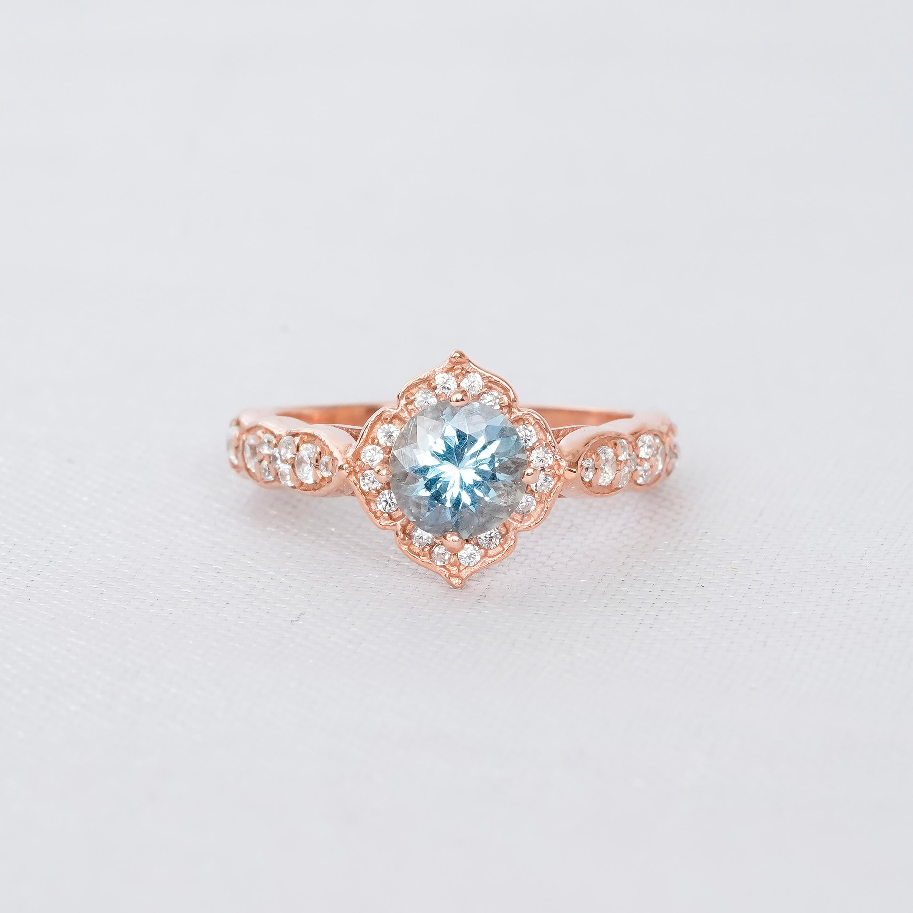Aquamarine Engagement Ring Set: Sterling Silver Floral Halo, Moissanite Band