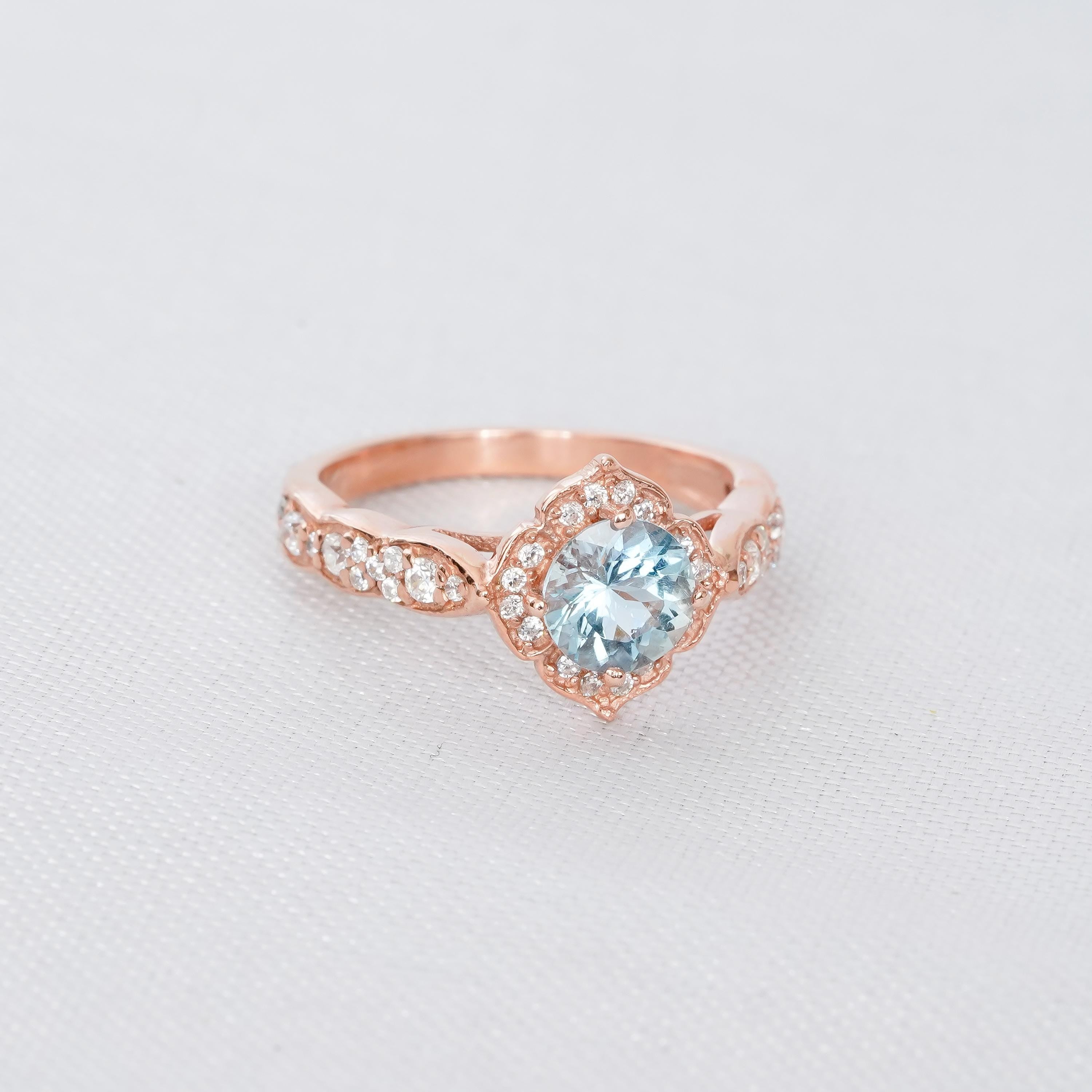 Aquamarine Engagement Ring Set, Moissanite Chevron Band, Sterling Silver