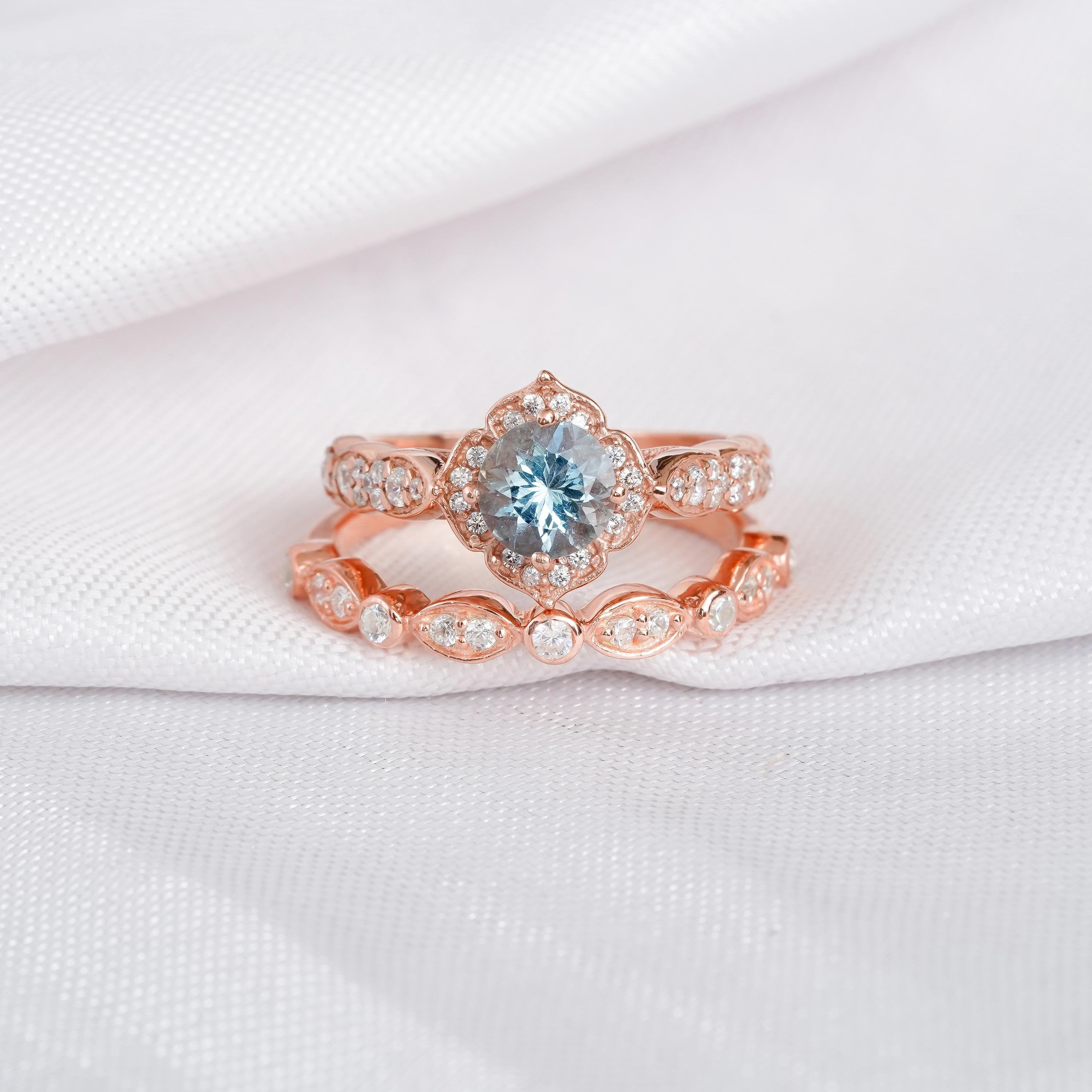 Aquamarine Engagement Ring Set: Moissanite Sterling Silver Art Deco Wedding Band
