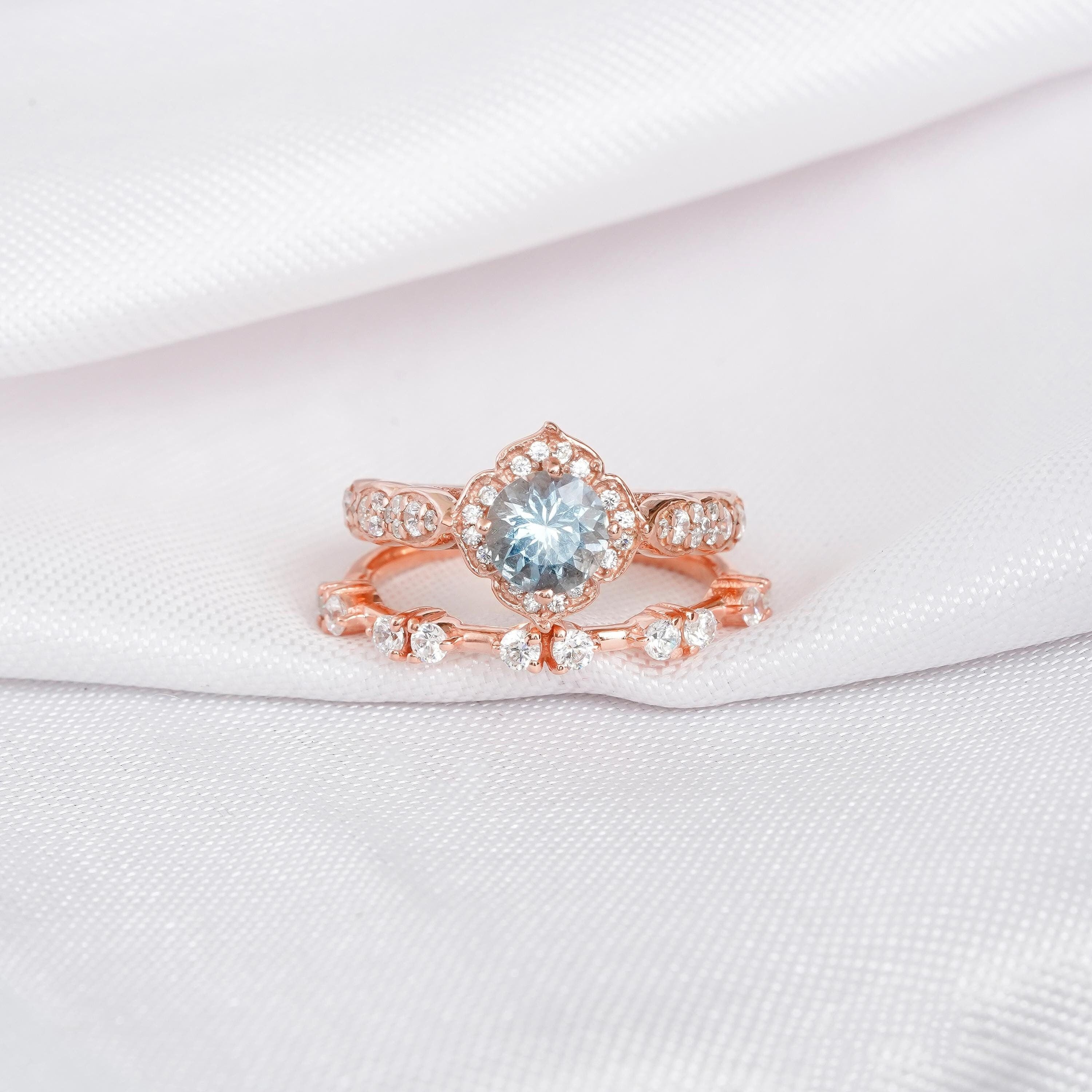 Aquamarine Engagement Ring Set: Sterling Silver Floral Halo, Moissanite Band