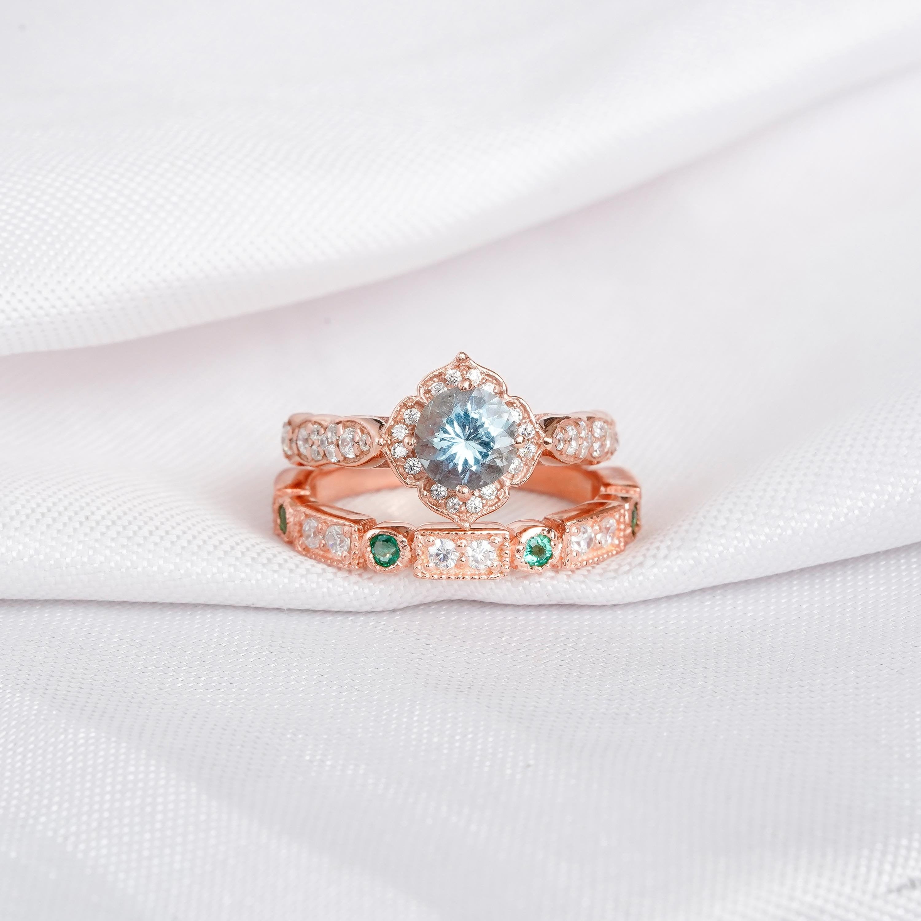 Aquamarine Engagement Ring Set, Emerald Wedding Band, Floral Art Deco Sterling Silver