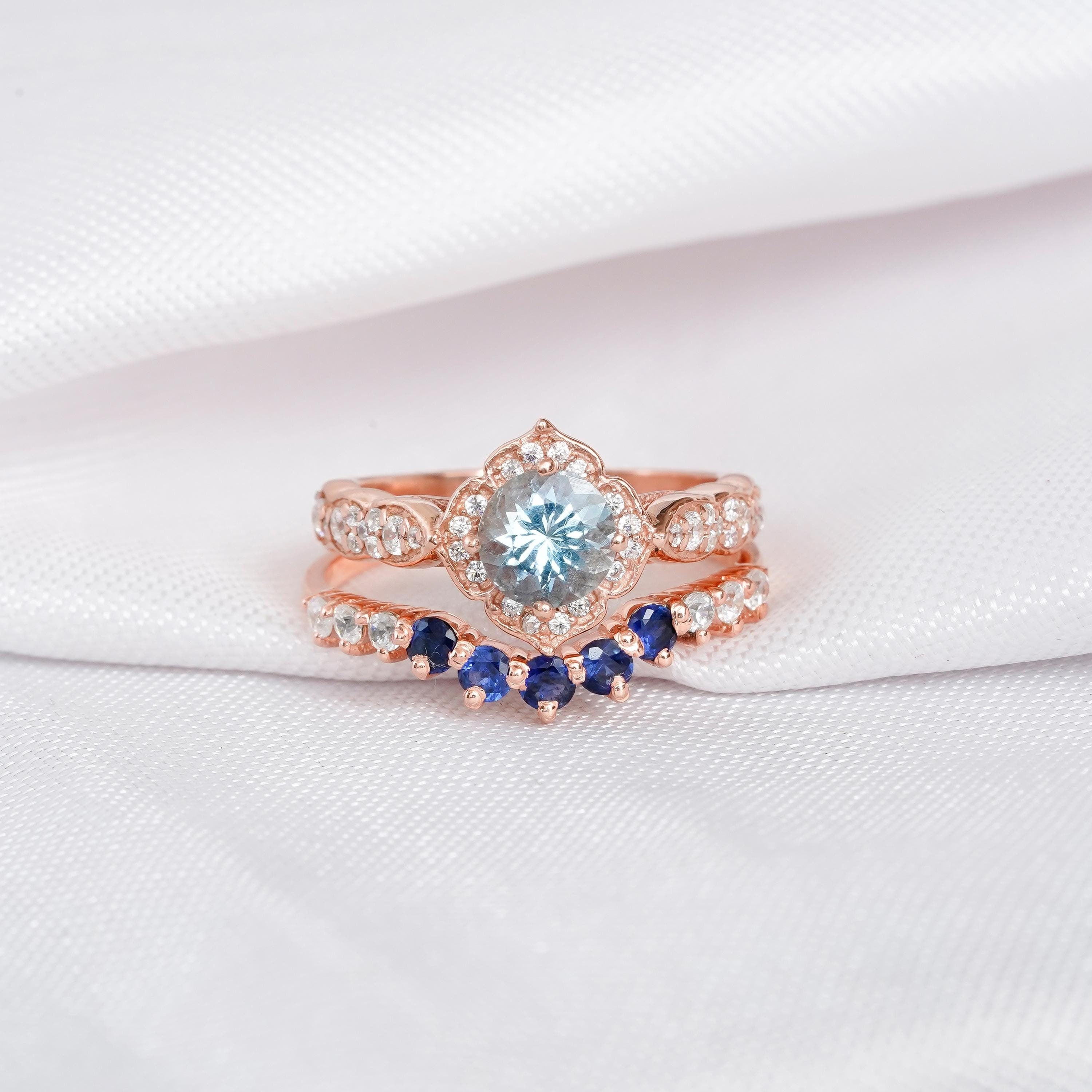 Aquamarine Ring Set: Sterling Silver Floral Halo, Blue Sapphire Chevron Band