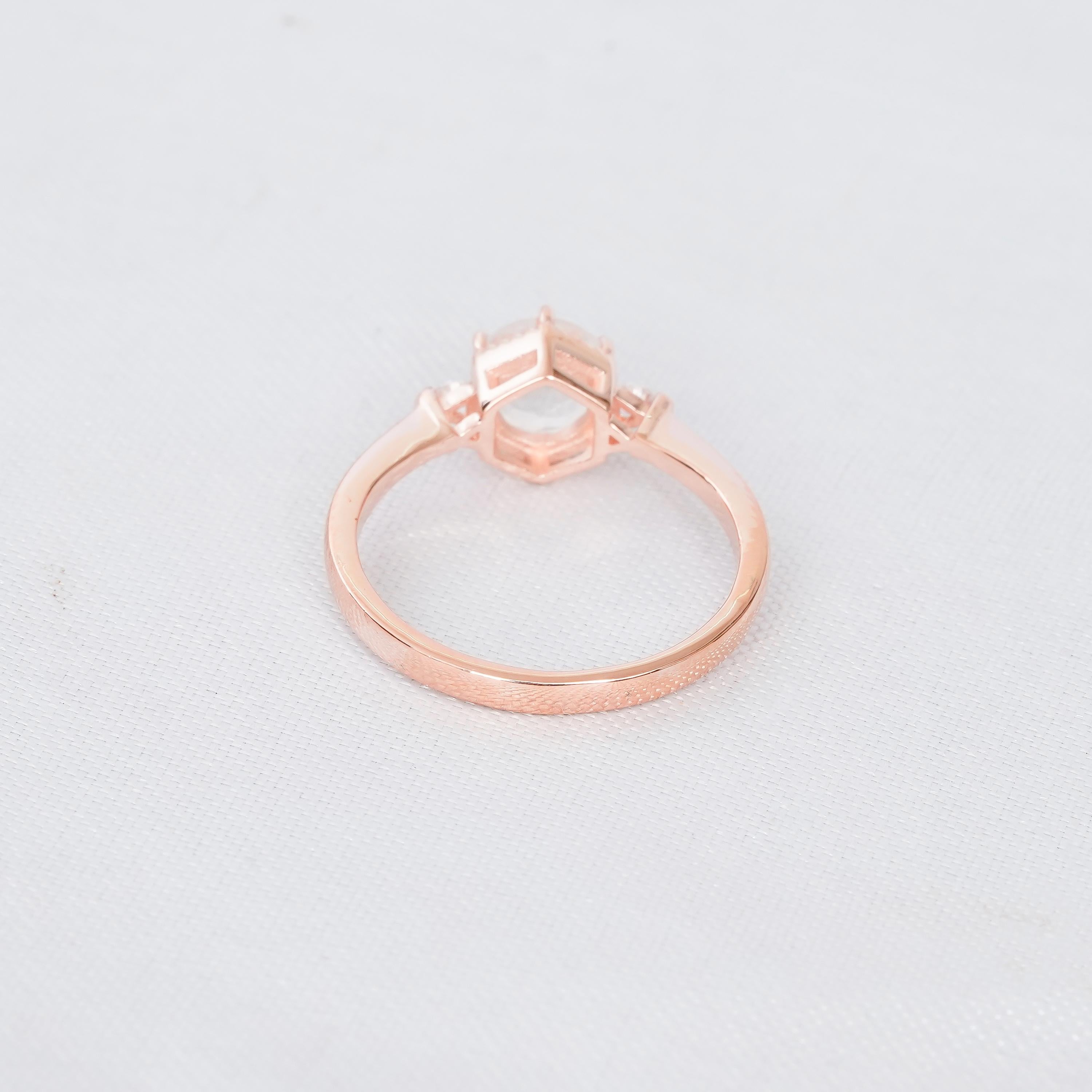 Moonstone Bridal Ring Set: Sterling Silver Hexagon Halo, Moissanite Band