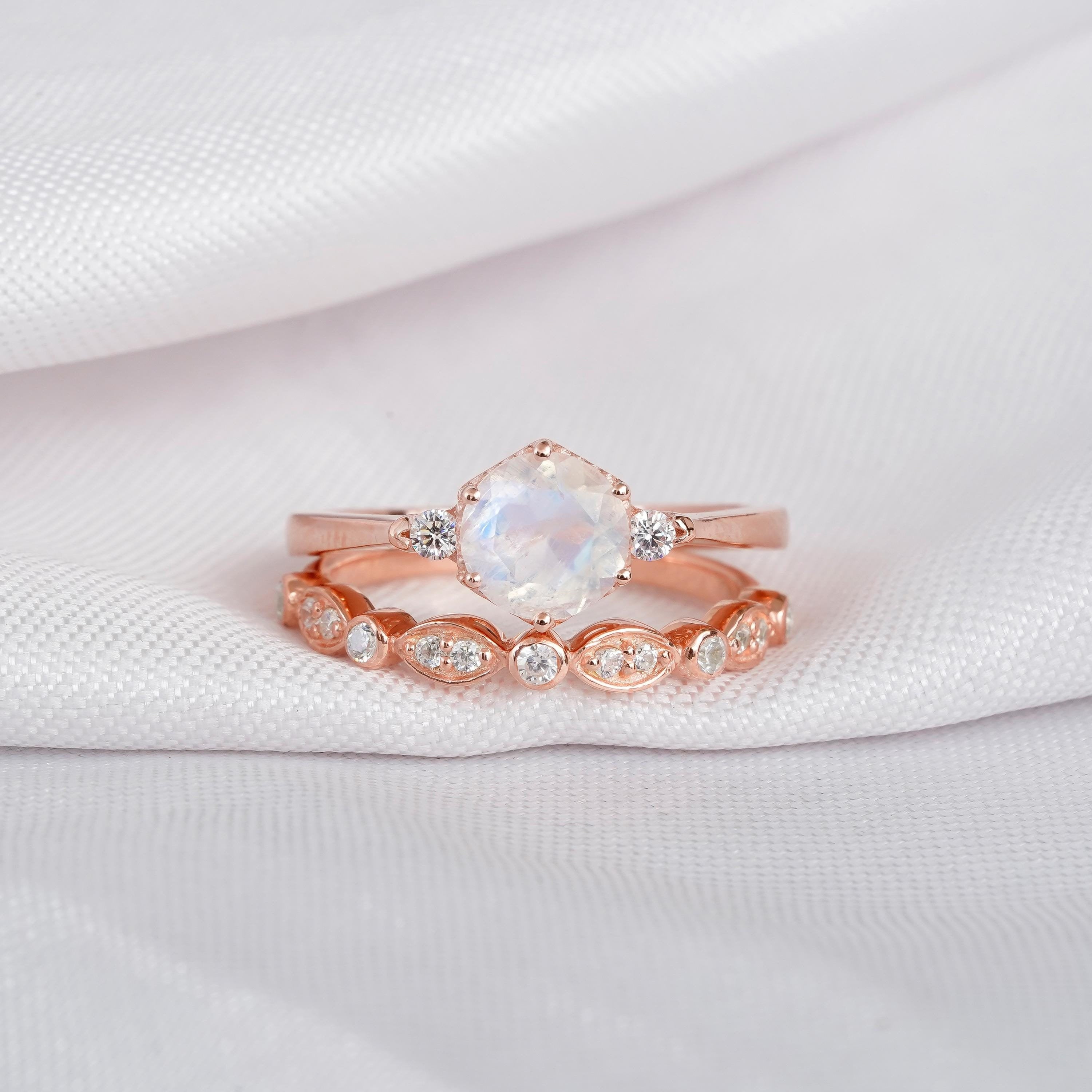 Moonstone Engagement Ring Set, Art Deco Moissanite Wedding Band, Sterling Silver