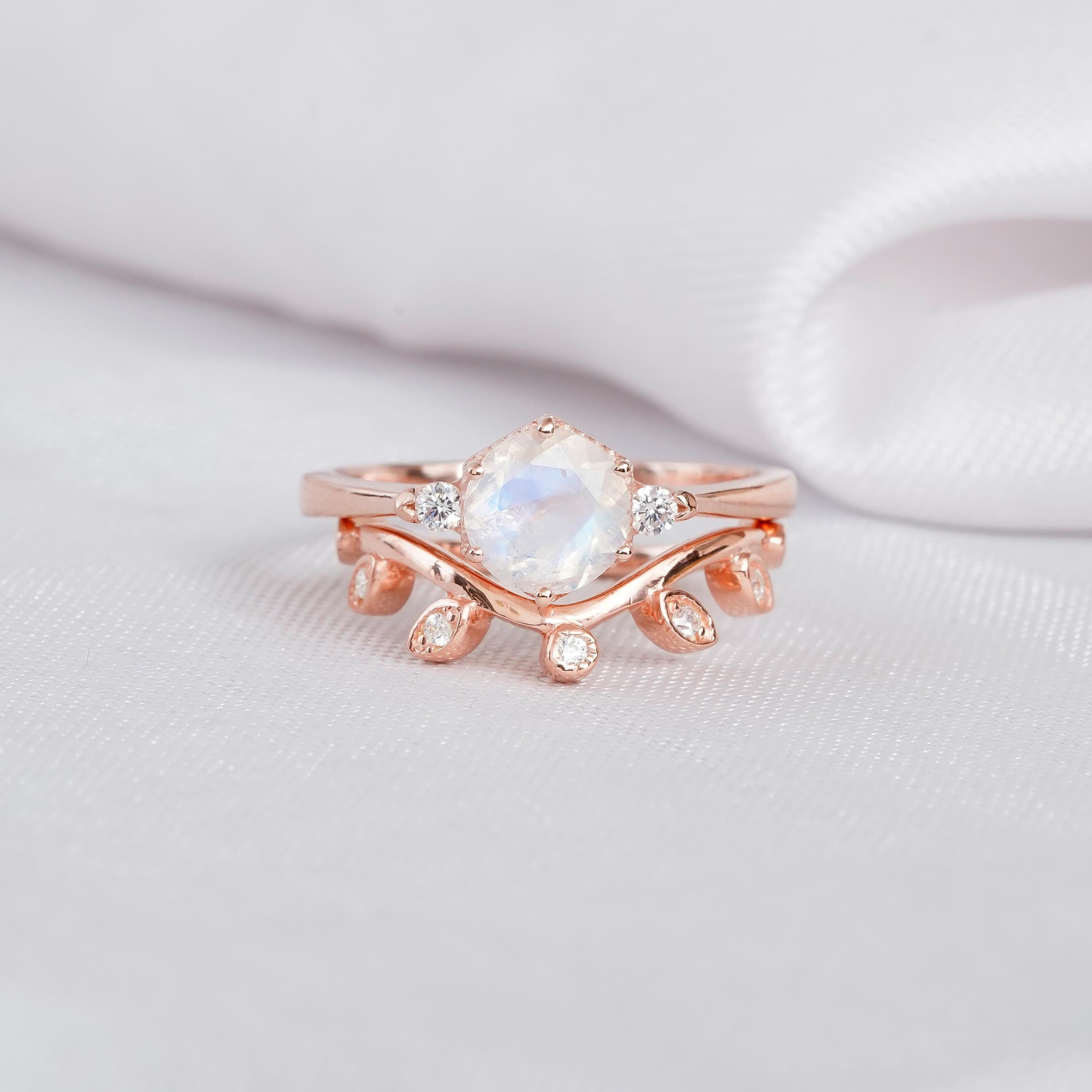 Moonstone Engagement Ring Set, Moissanite Leaf Wedding Band, Sterling Silver