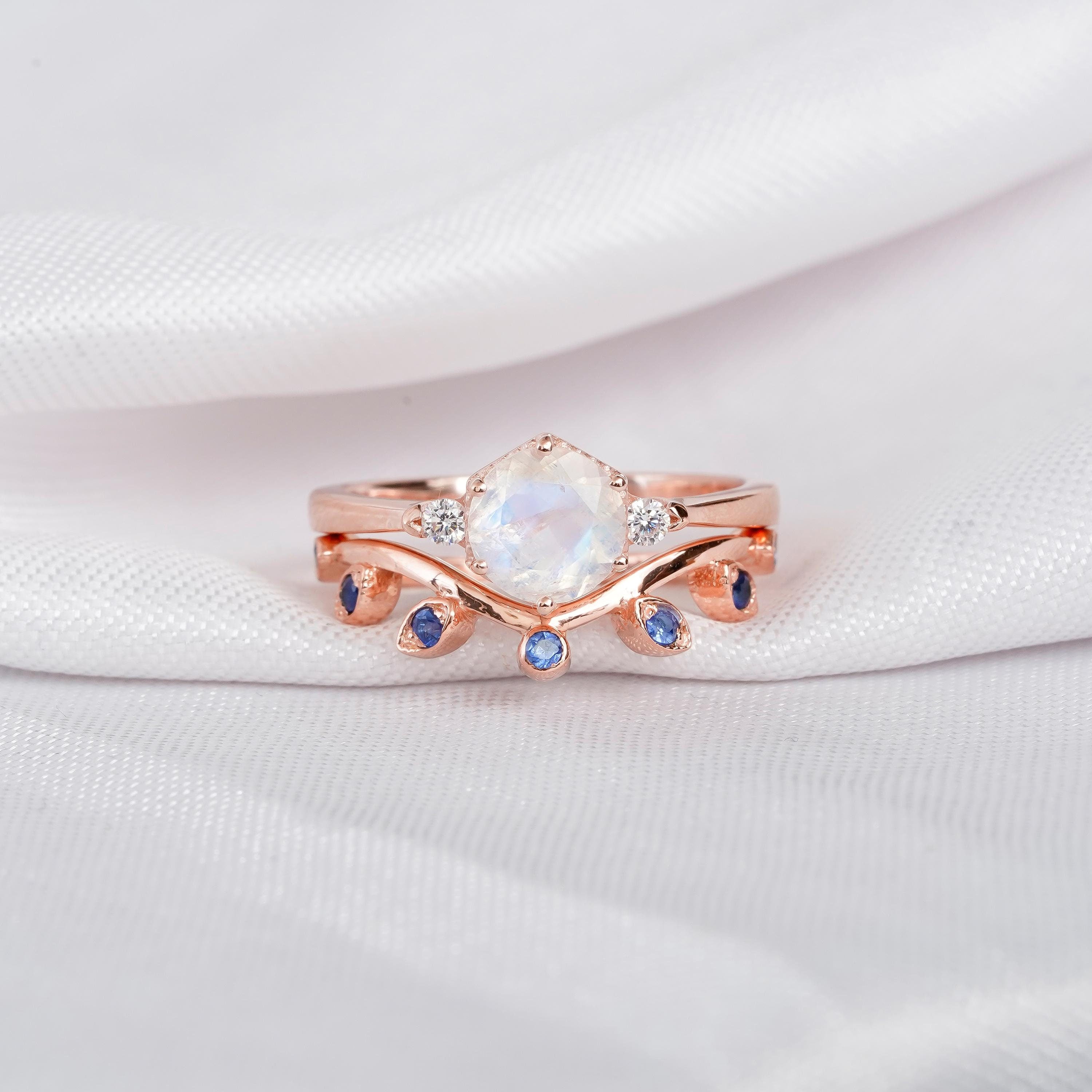 Moonstone Engagement Ring Set, Sterling Silver Sapphire Leaf Wedding Band