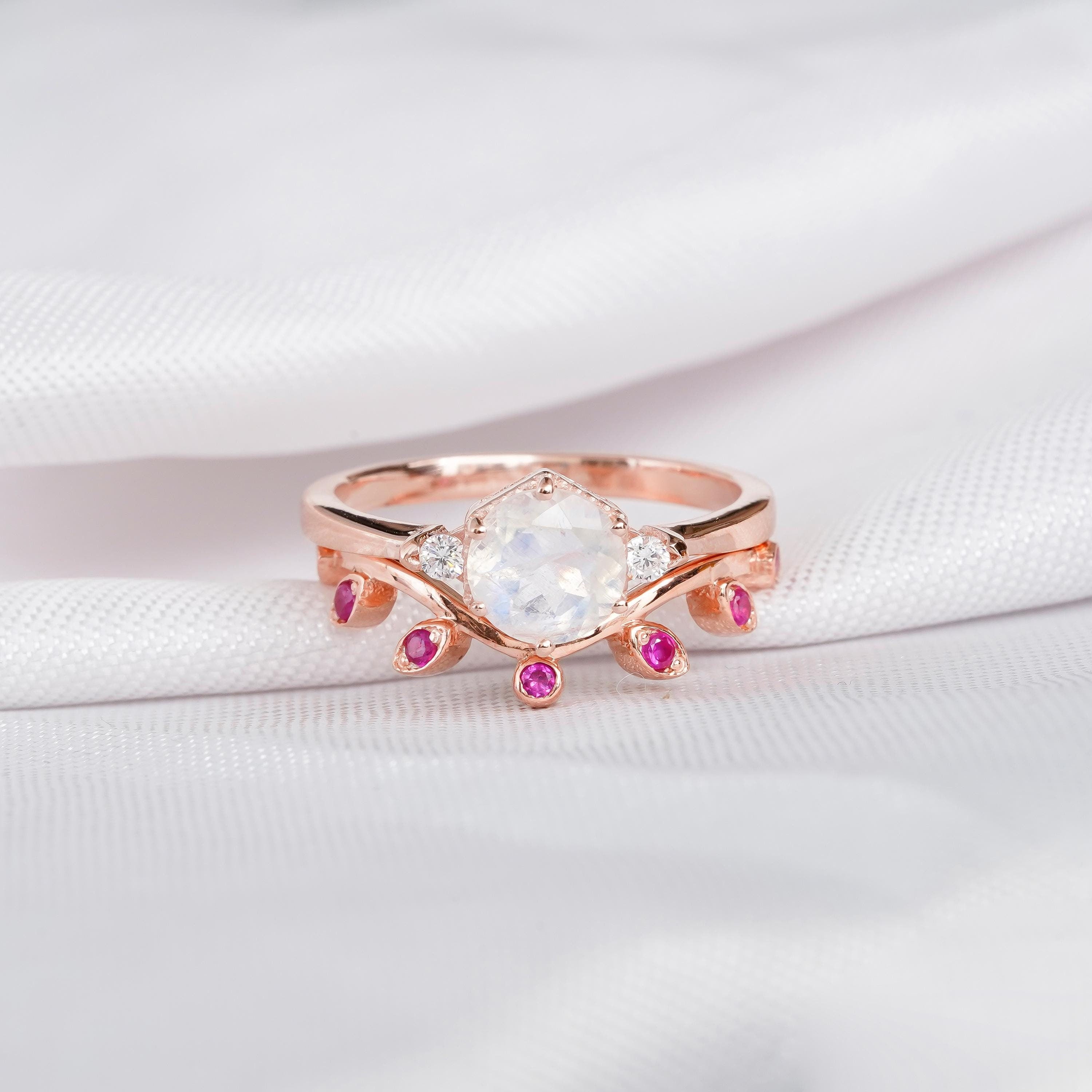 Moonstone Engagement Ring Set, Ruby Leaf Wedding Band, Sterling Silver