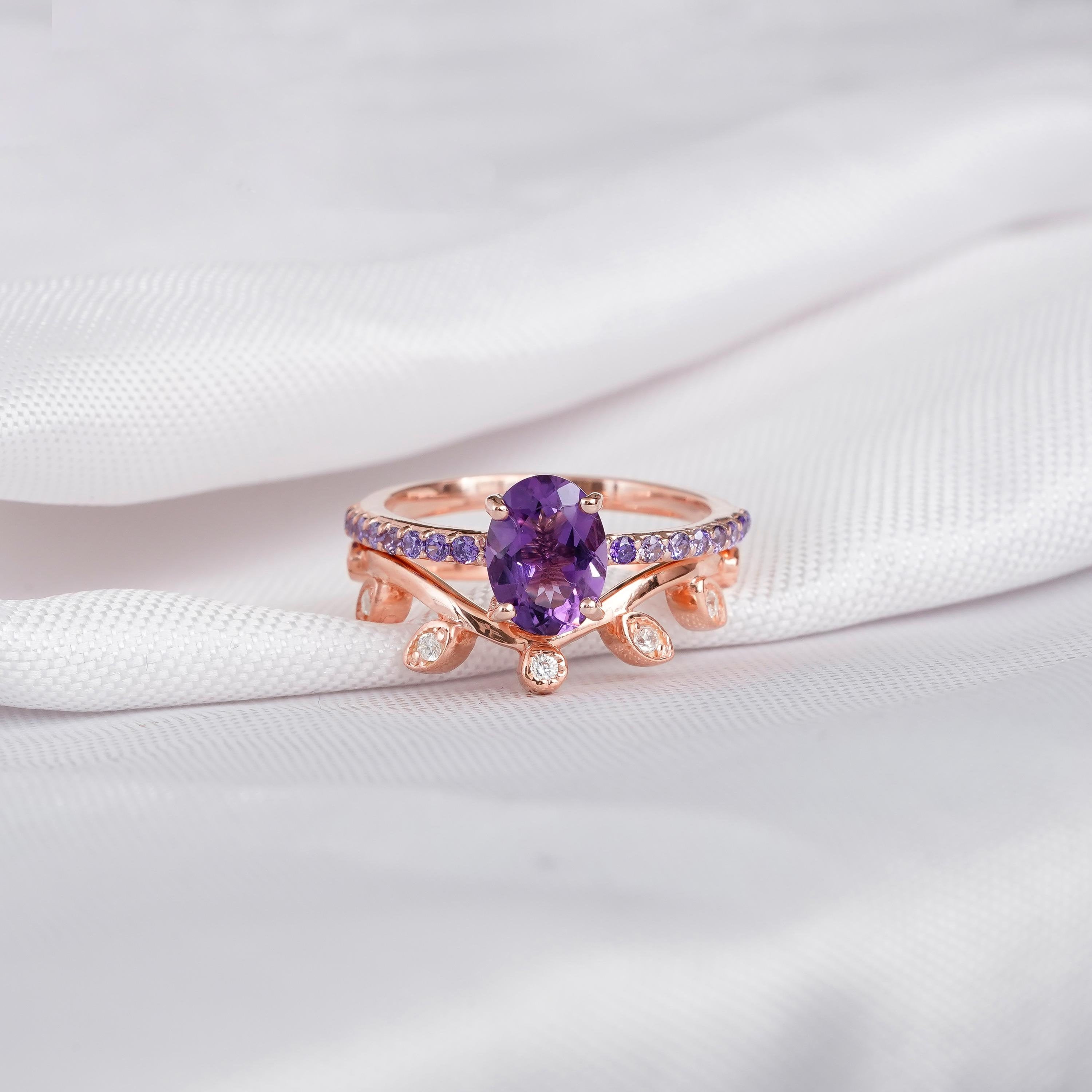 Amethyst Engagement Ring Set, Moissanite Leaf Band, Sterling Silver