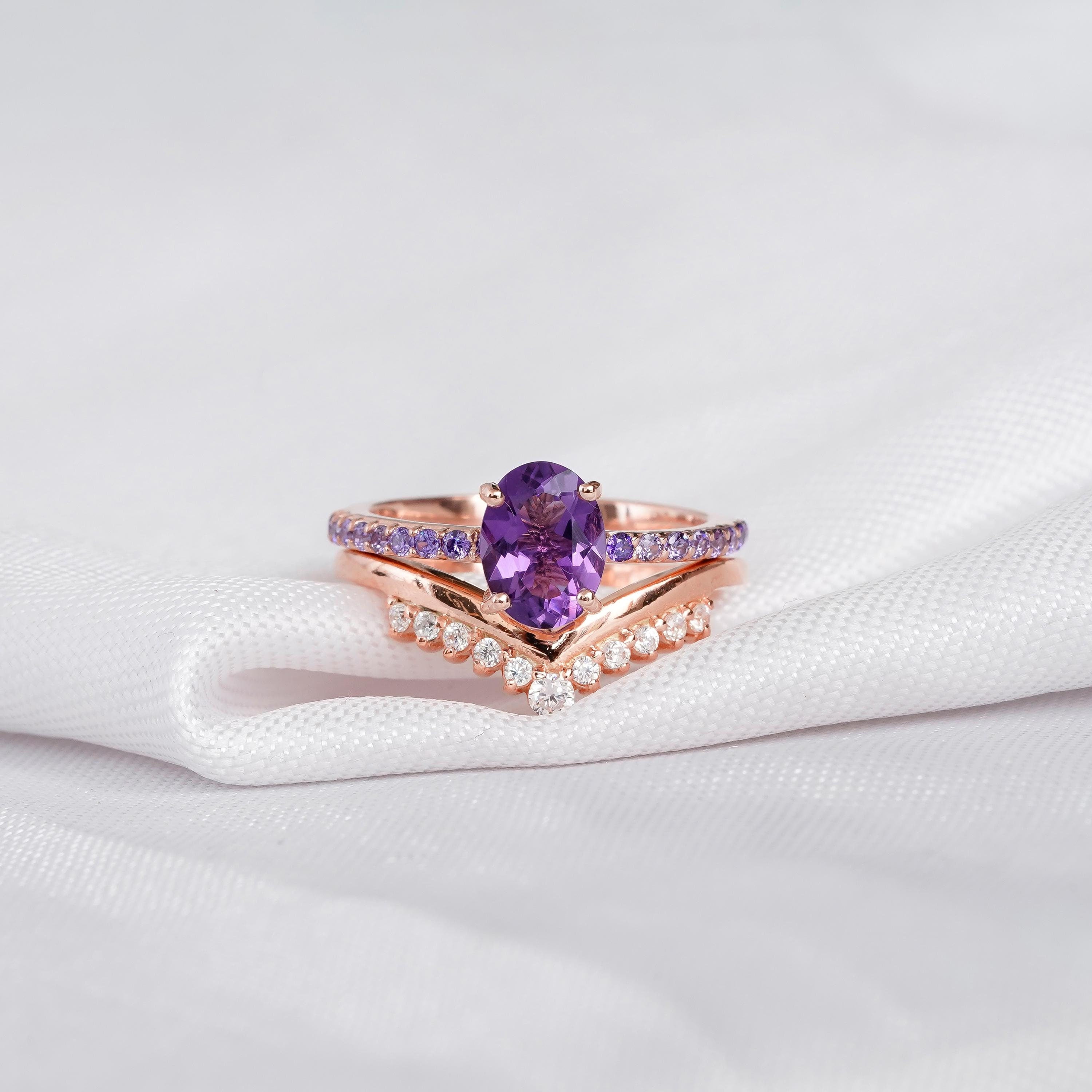 Amethyst Engagement Ring Set, Moissanite Chevron Band, Sterling Silver