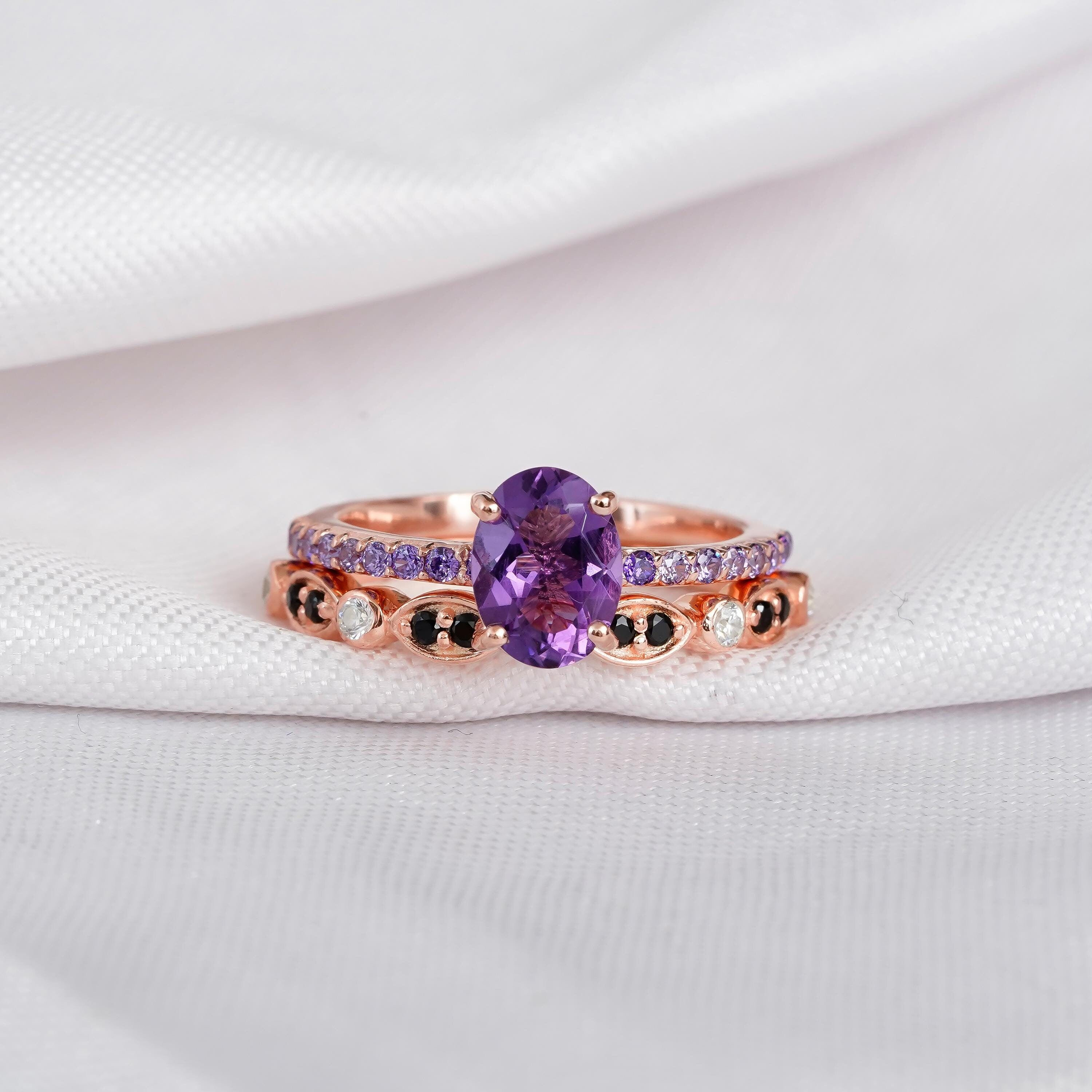 Amethyst Ring Set, Sterling Silver Art Deco Black Onyx Wedding Band