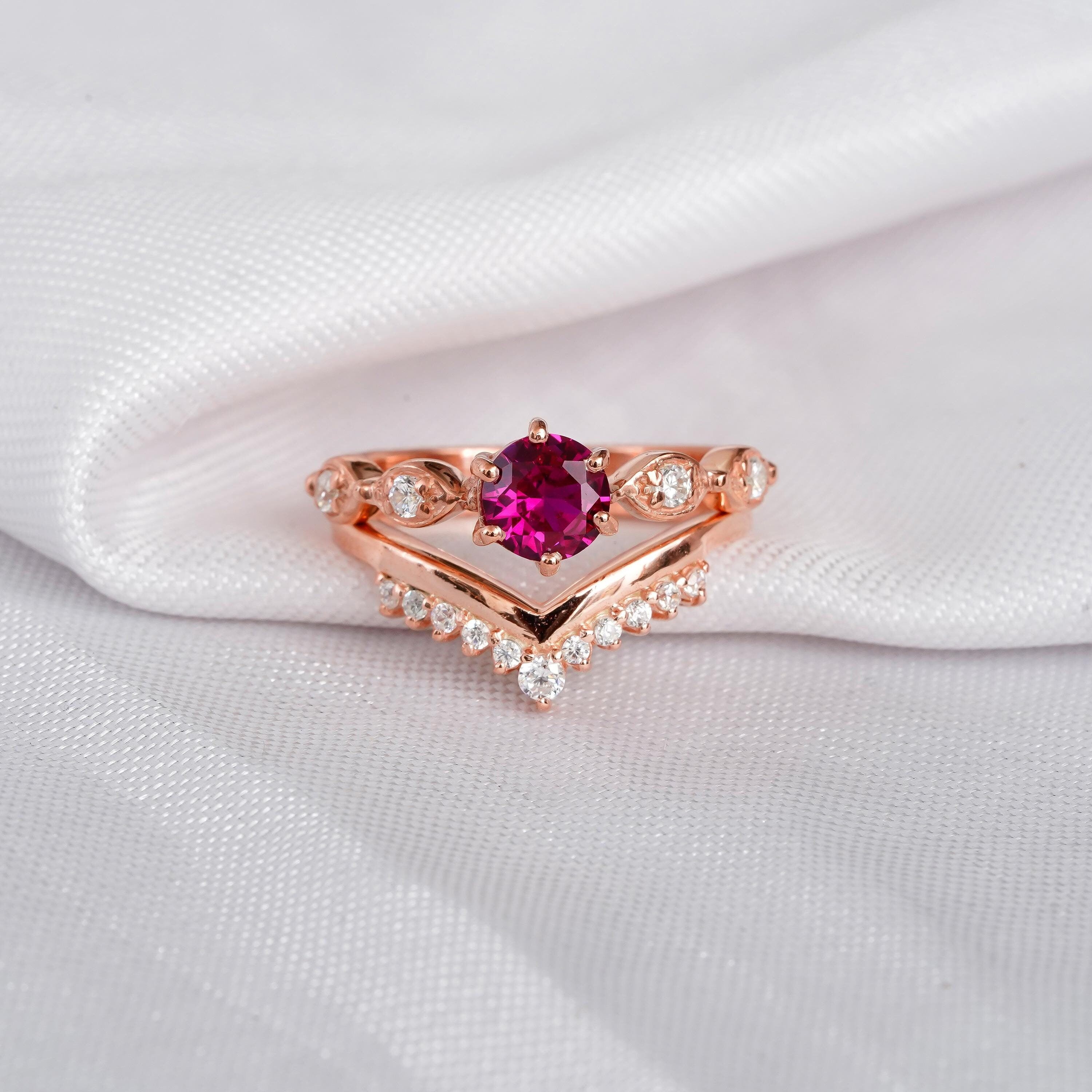 Ruby Engagement Ring Set: Moissanite Chevron Band, Sterling Silver