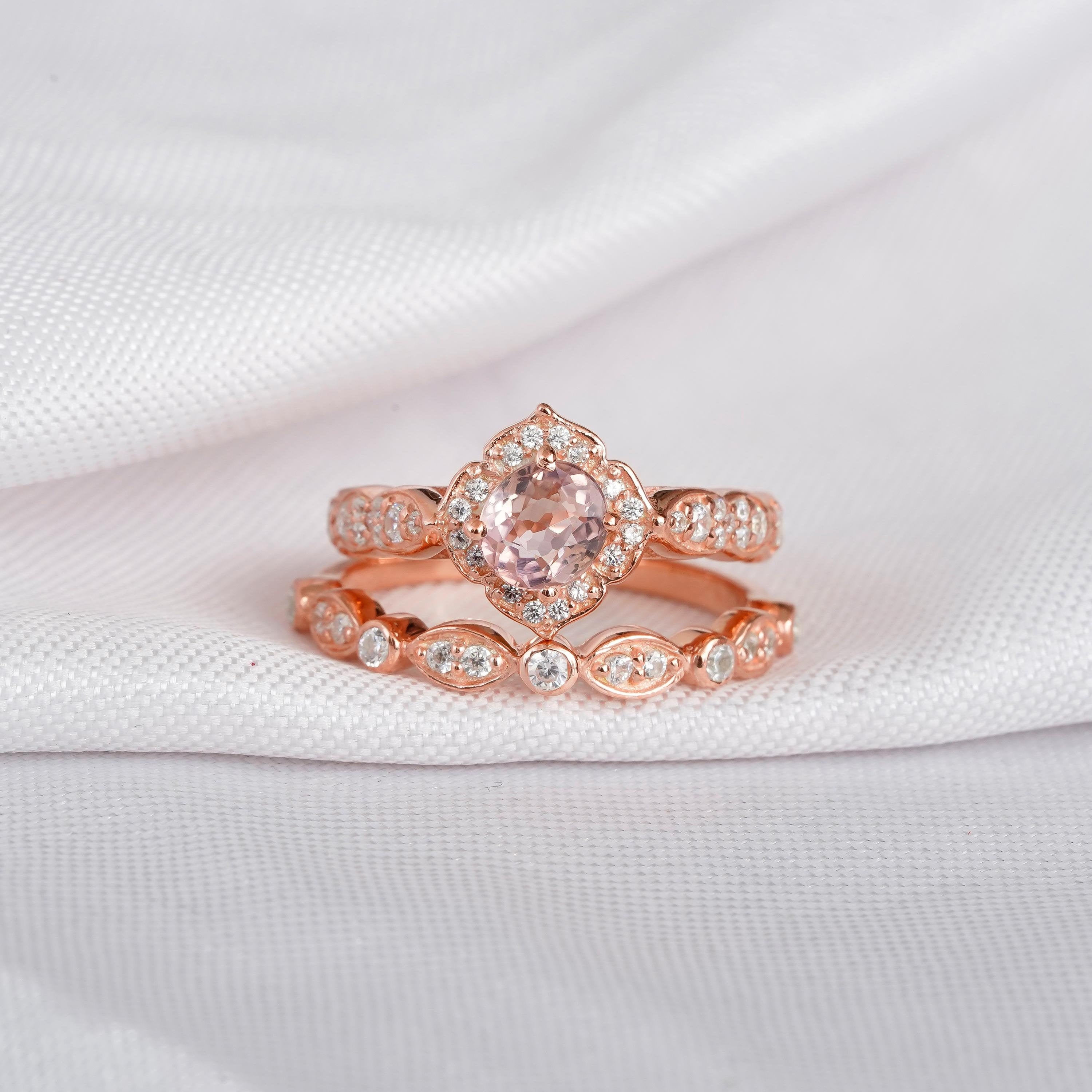 Morganite Sterling Silver Ring Set, Moissanite Halo, Art Deco Bridal