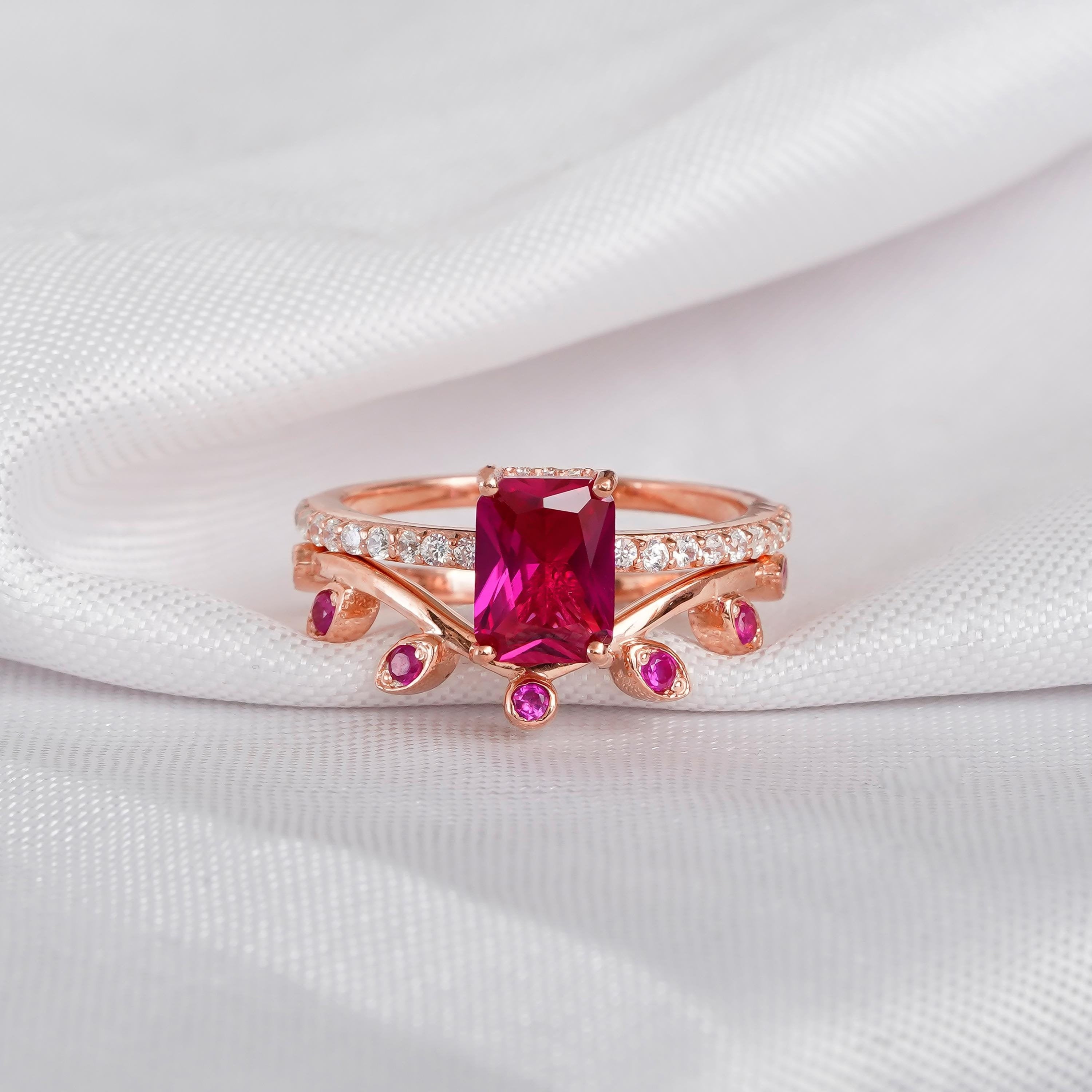 Radiant Cut Ruby Ring Set, Sterling Silver Leaf Wedding Band
