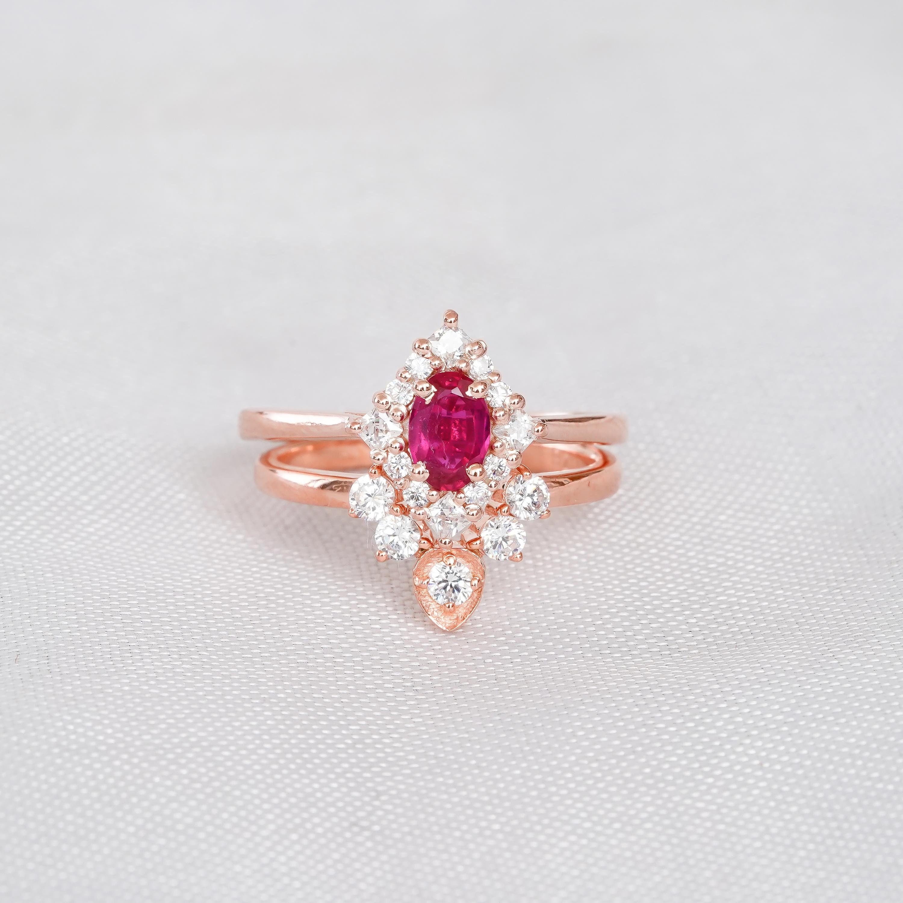 Art Deco Ruby Engagement Ring Set, Moissanite Chevron Band