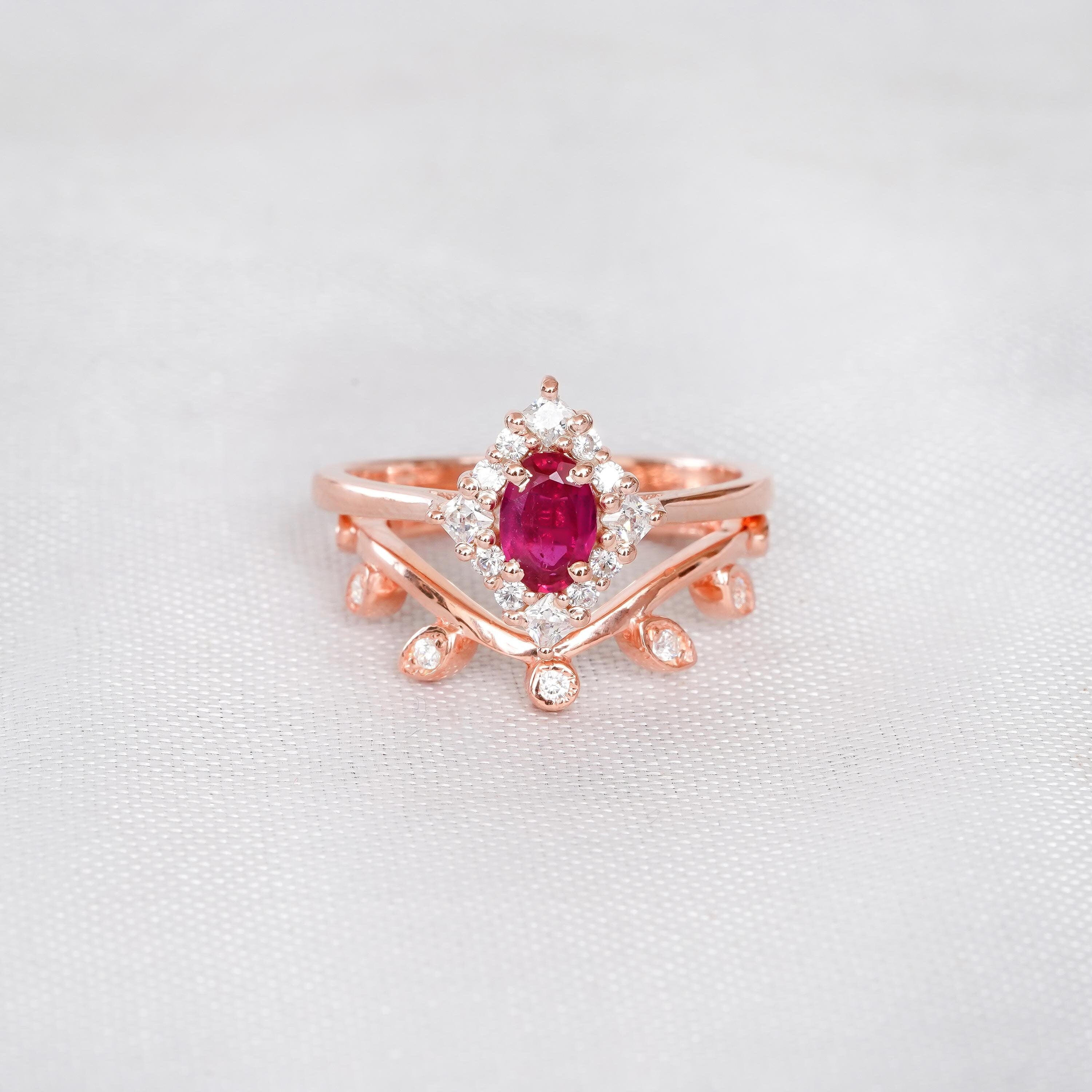 Ruby Engagement Ring Set, Sterling Silver Moissanite Leaf Wedding Band