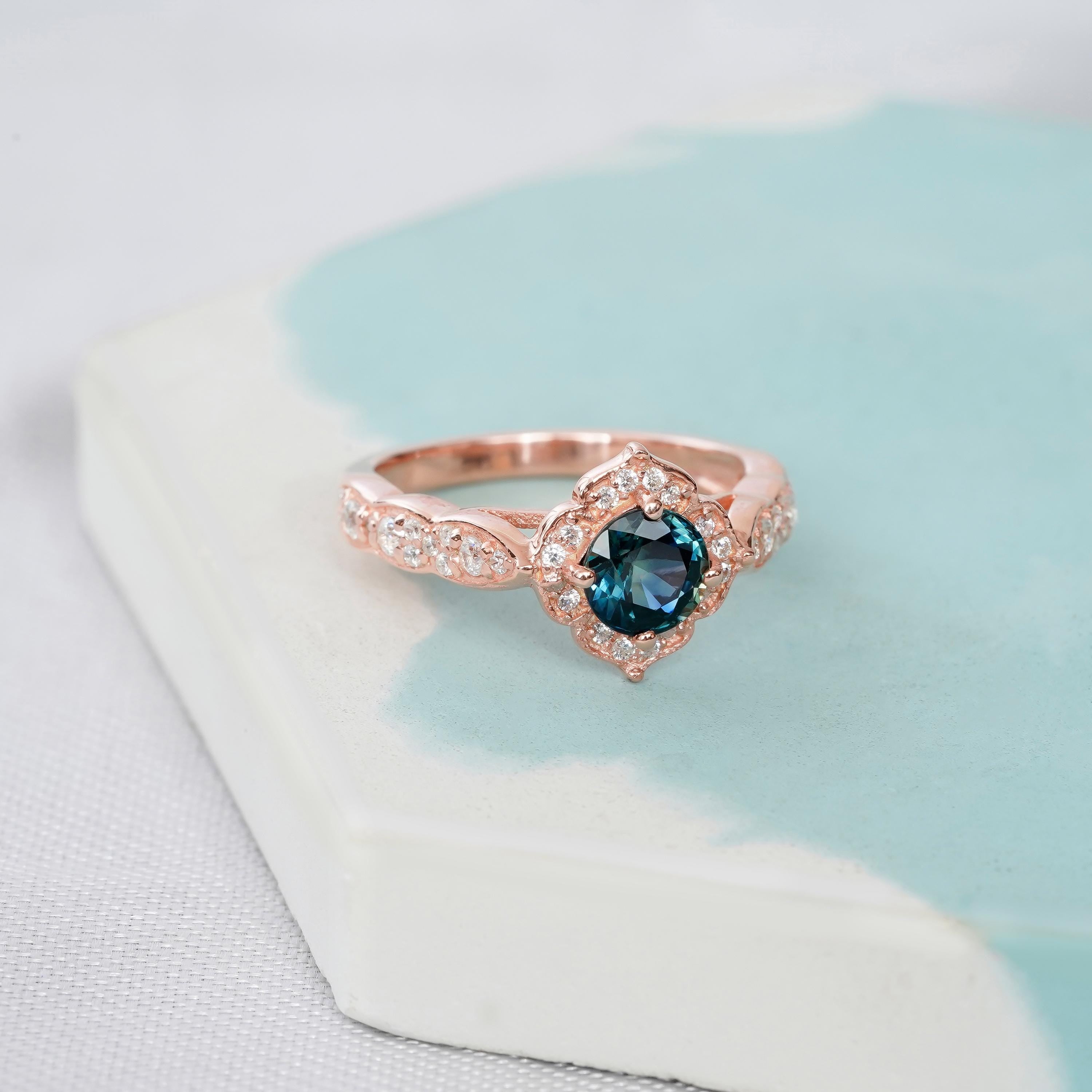 Alexandrite Engagement Ring Set: Sterling Silver Floral Halo, Sapphire Wedding Band