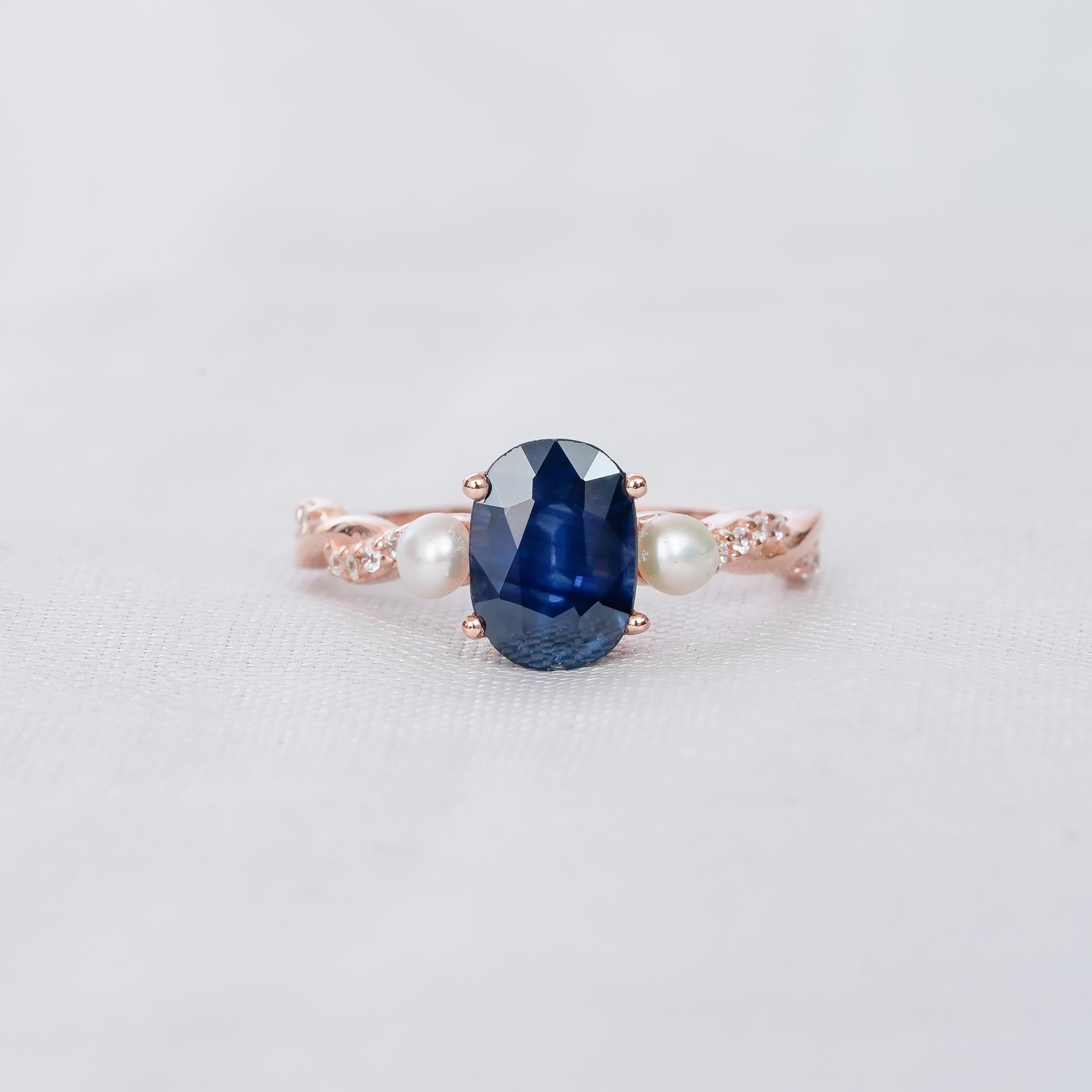 Blue Sapphire Sterling Silver Engagement Ring Set, Pearl Accent