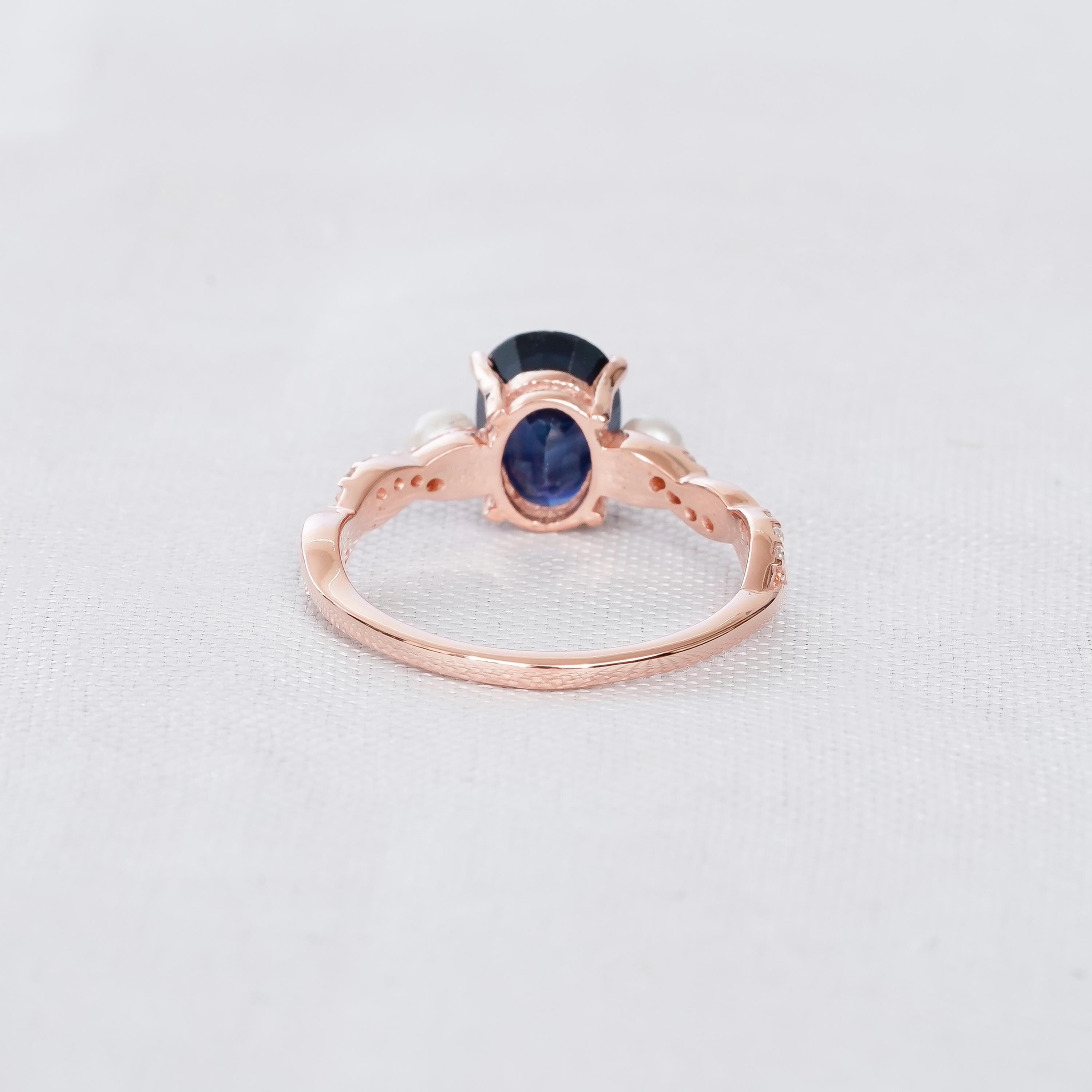 Blue Sapphire Ring Set, Sterling Silver, Pearl Accent, Moissanite Band