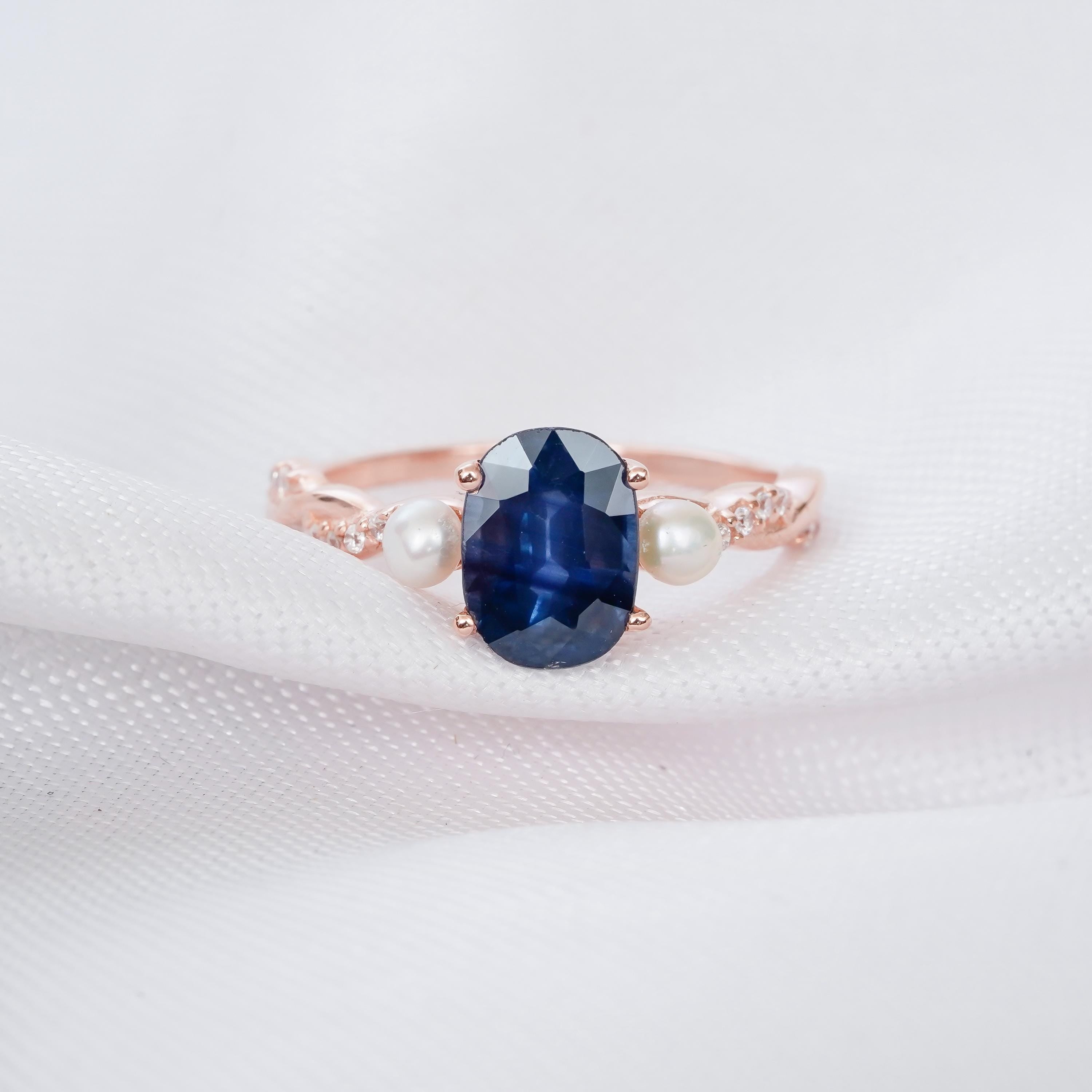 Blue Sapphire Sterling Silver Engagement Ring Set, Pearl Accent
