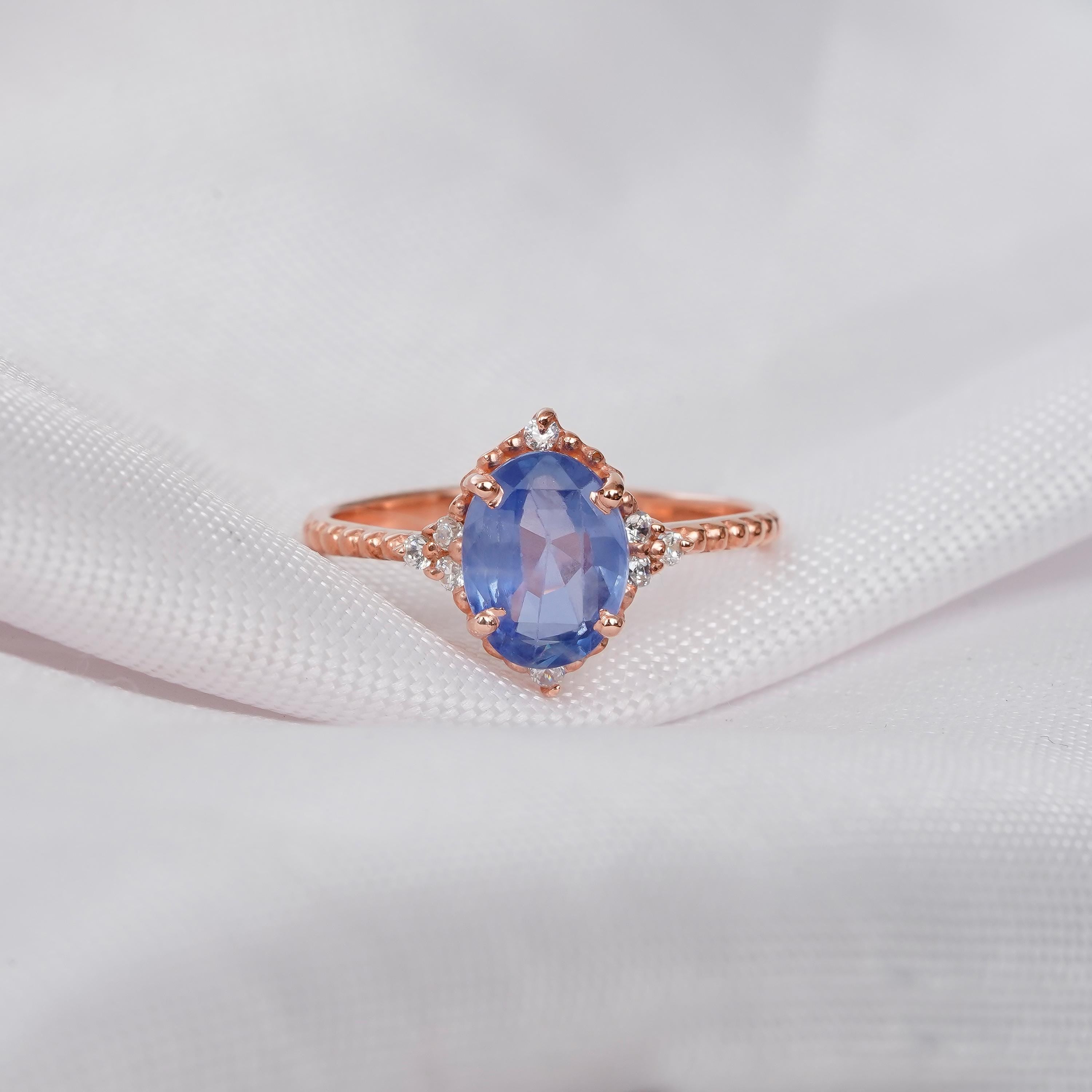 Blue Sapphire Engagement Ring Set, Moissanite Leaf Wedding Band, Sterling Silver