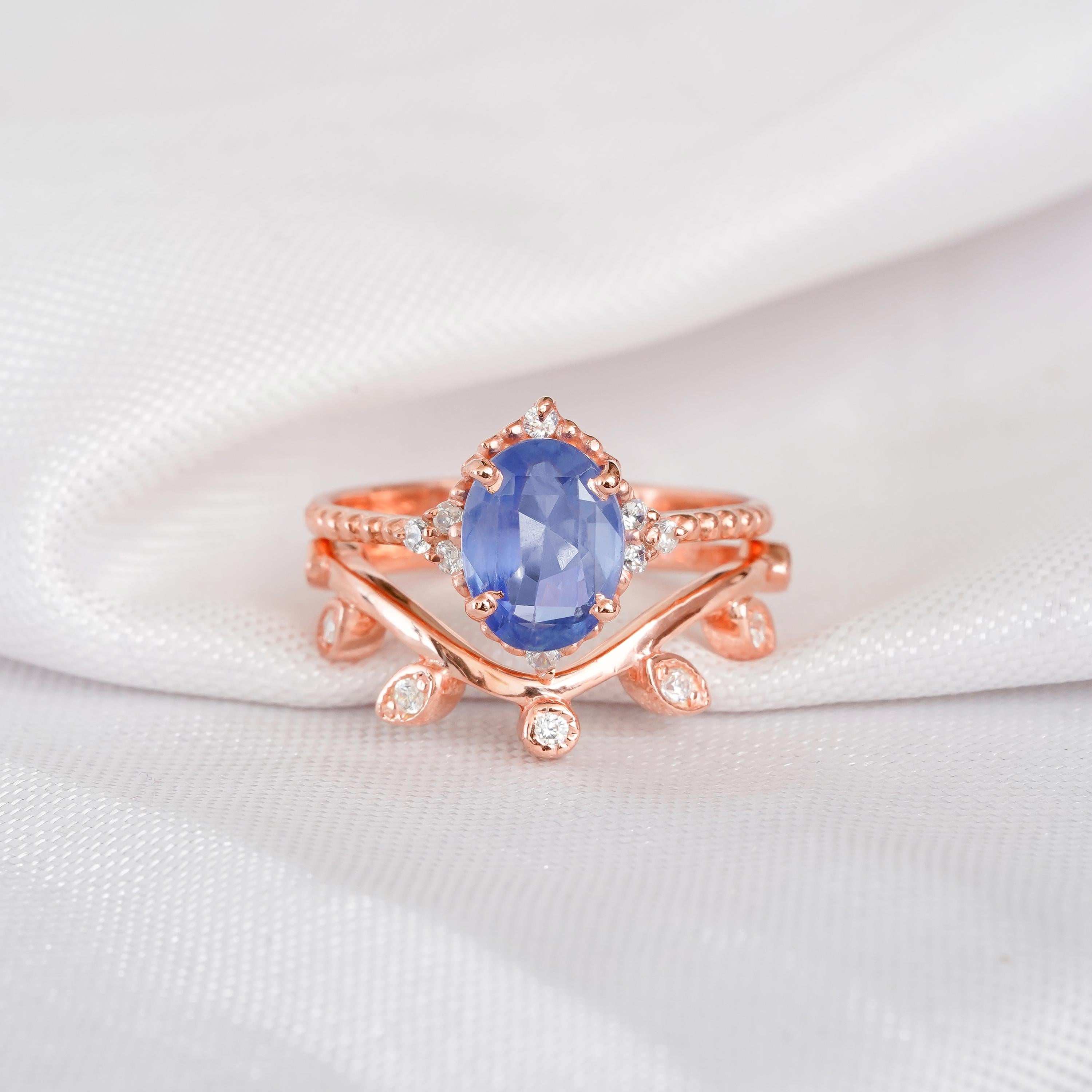 Blue Sapphire Engagement Ring Set, Moissanite Leaf Wedding Band, Sterling Silver