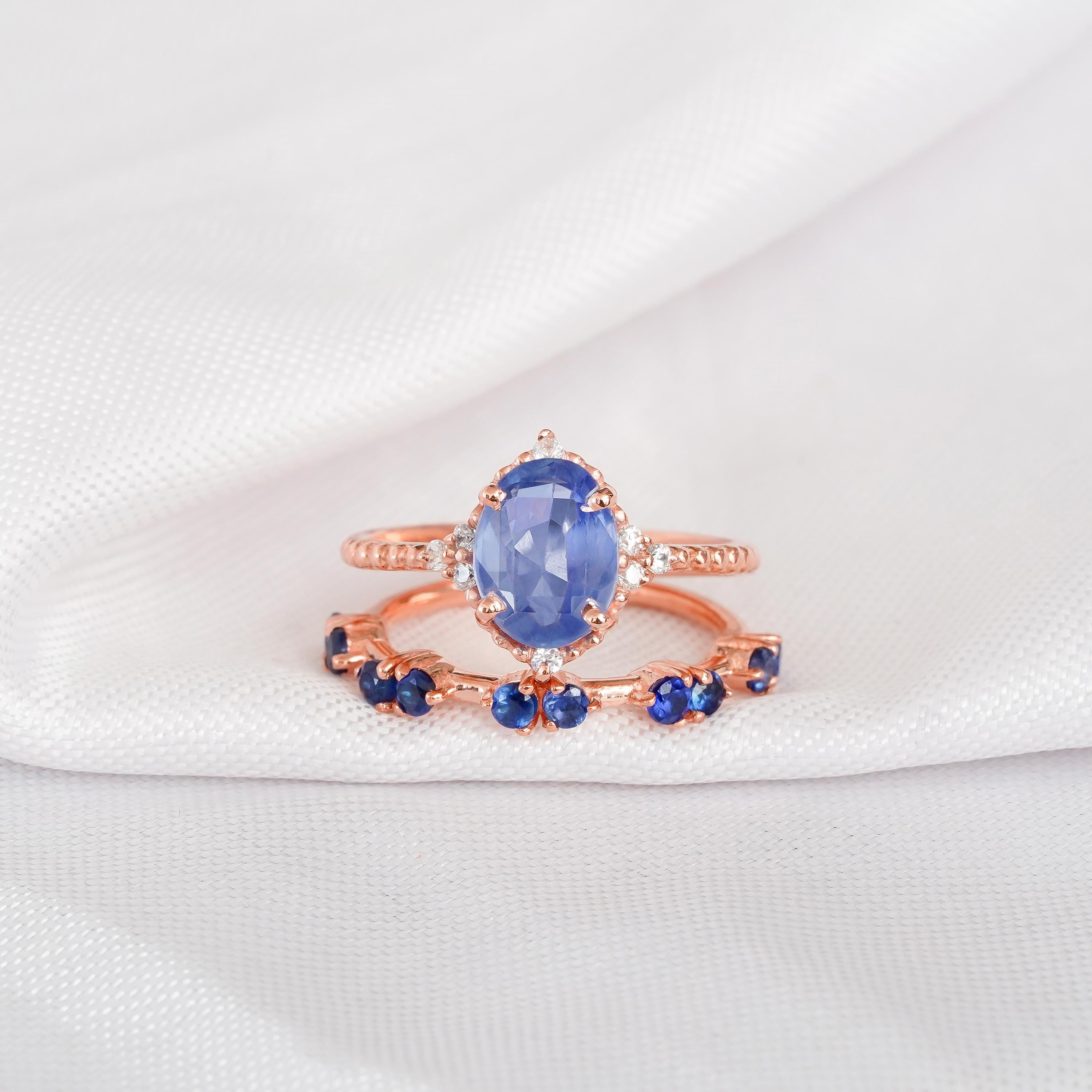 Blue Sapphire Engagement Ring Set, Sterling Silver Floral Halo Bridal Ring
