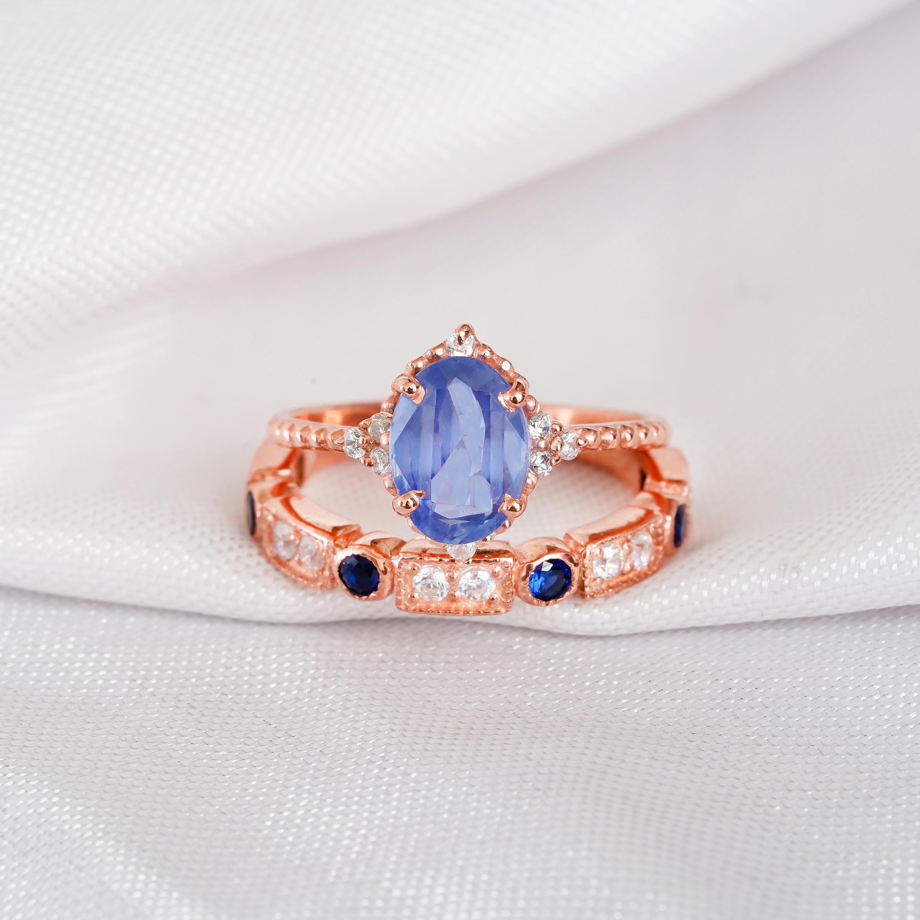 Blue Sapphire Engagement Ring Set, Art Deco Sterling Silver Floral Halo