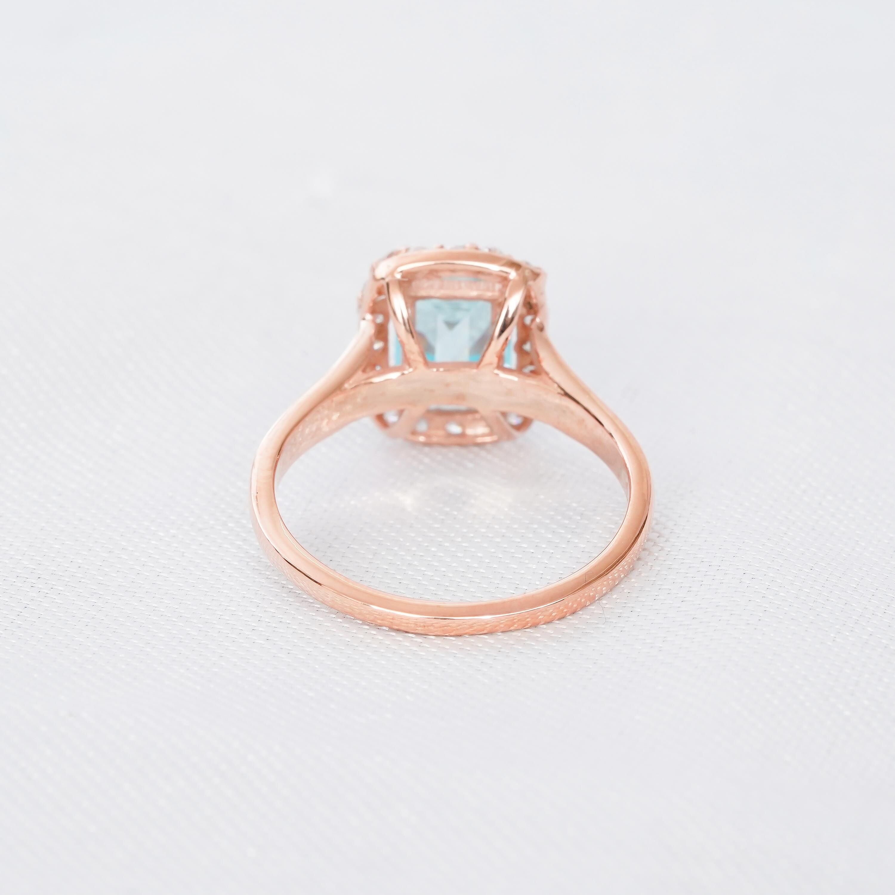 Aquamarine Engagement Ring Set, Emerald Cut Sterling Silver Leaf Wedding Band